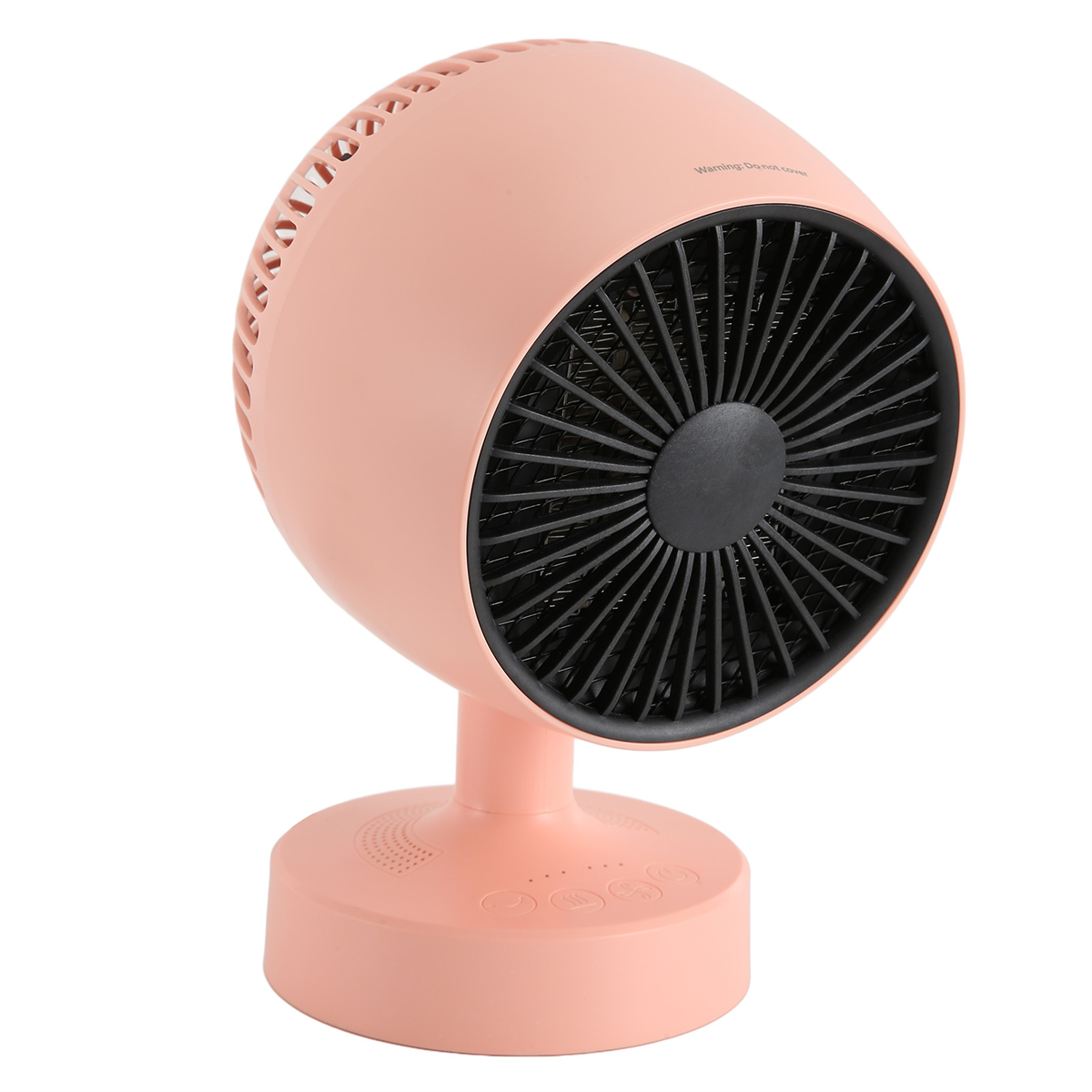 Rosa fächerförmiger Heizlüfter. Schwarzer Grill, Ein- und Aus-Tasten. Weißer Hintergrund.