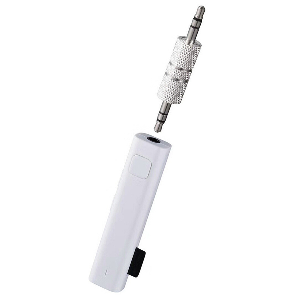Weißer Bluetooth-Empfänger mit silbernem Audioanschluss und kleinem schwarzem Clip.
