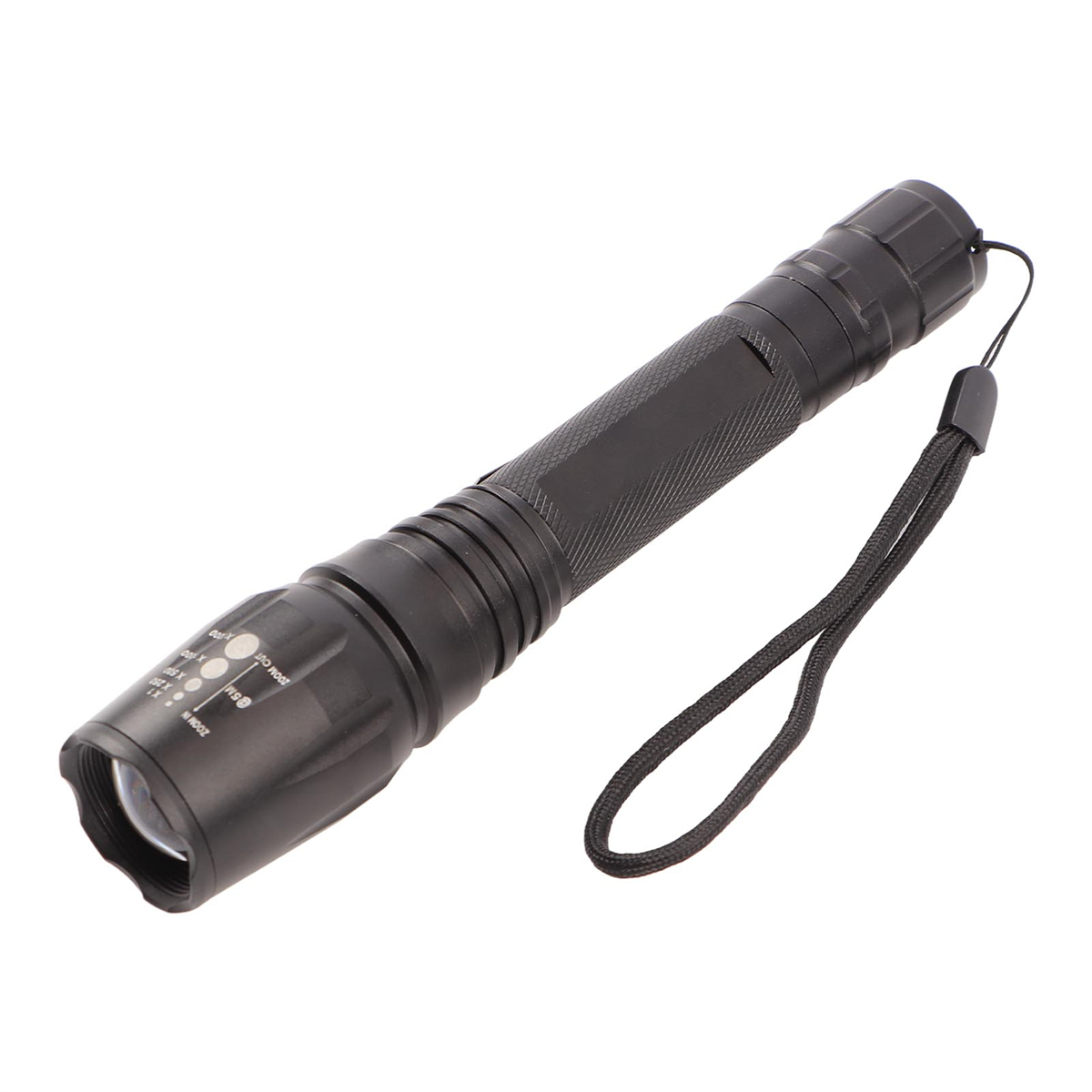 Schwarze Taschenlampe mit Handschlaufe, Zoom- und Moduseinstellungen, auf weißem Hintergrund.