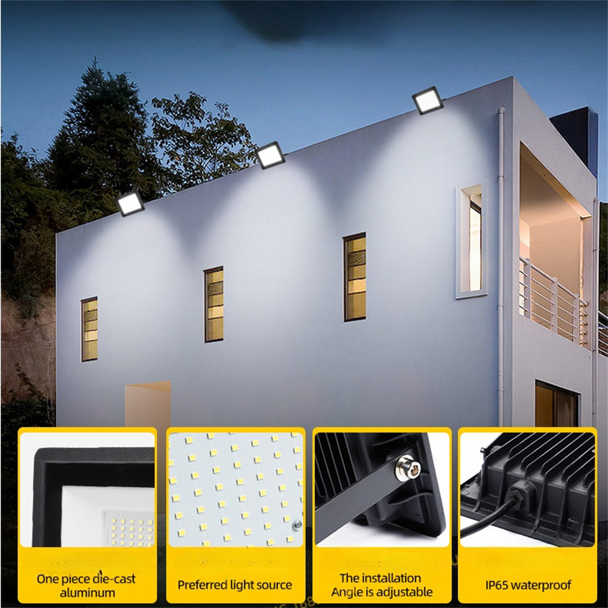 Modernes Gebäude mit Flutlichtern. Nahaufnahmen von Lichtdetails, einschließlich wasserdichter Funktionen.