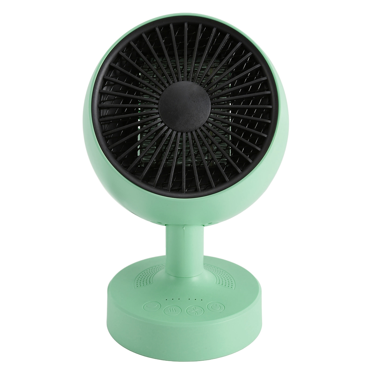 Ein grüner Ventilator mit schwarzen Flügeln und einem runden Sockel mit Steuertasten.