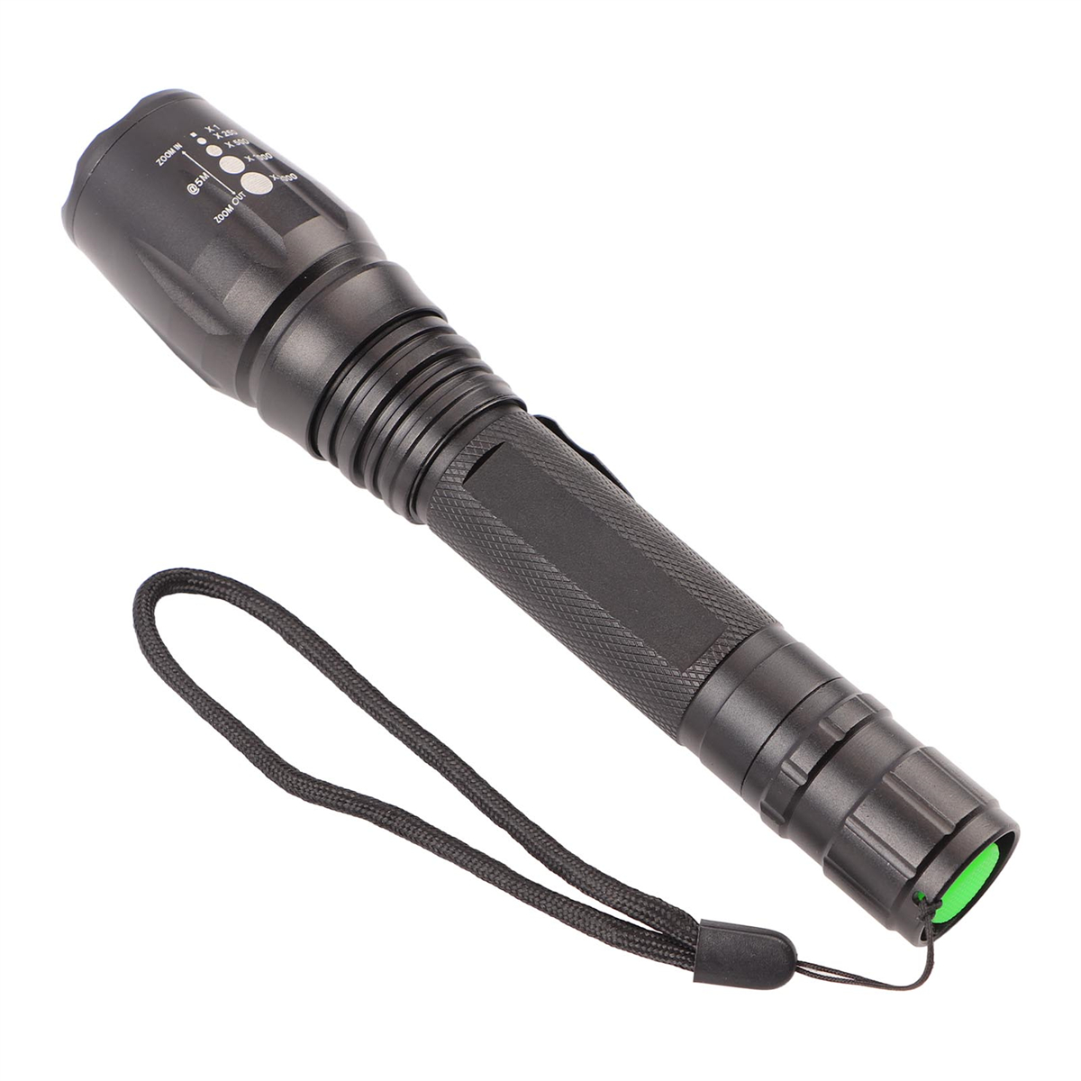 Schwarze Taschenlampe mit Handschlaufe und Bedientasten.