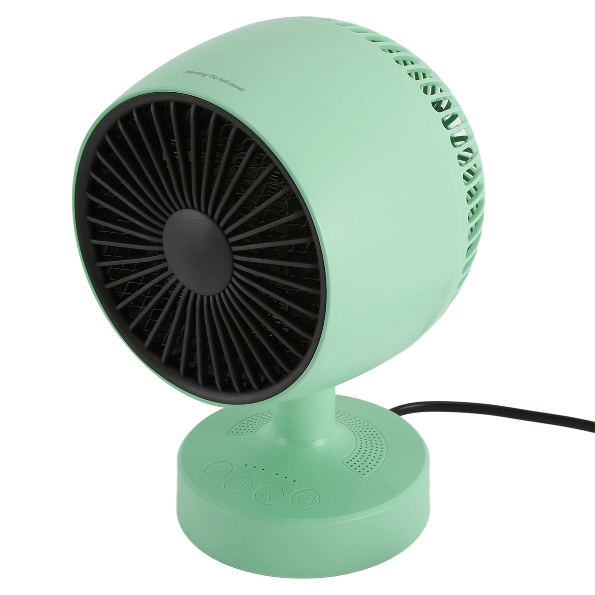 Ein grüner Ventilator auf einem Ständer mit schwarzem Gitter. Knöpfe und ein Kabel am Sockel.
