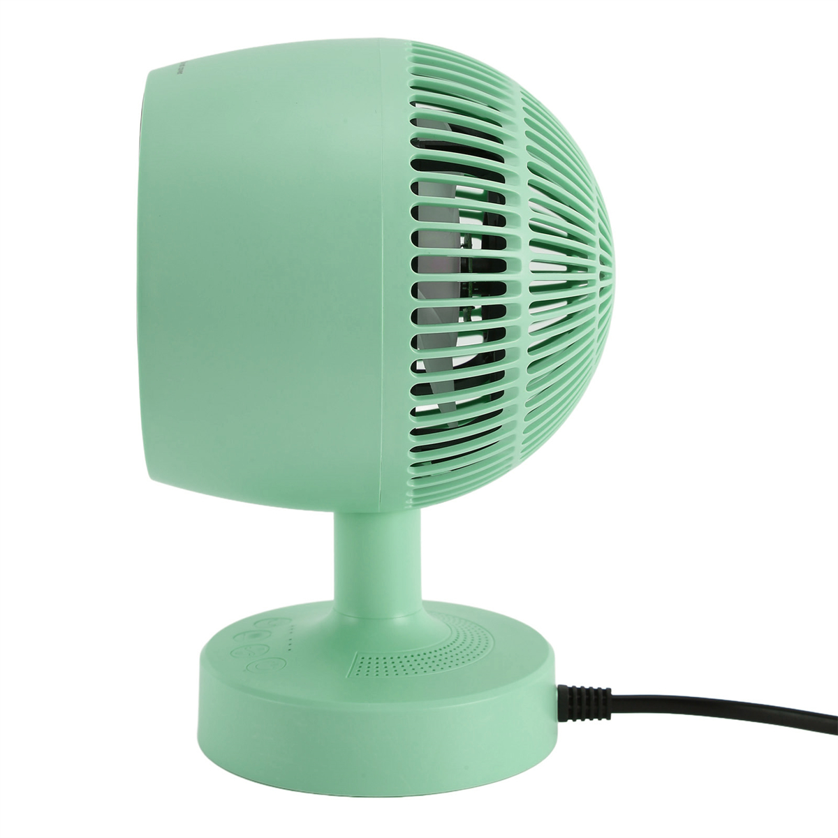 Ein mintgrüner Ventilator mit ovaler Form und schwarzem Netzkabel.