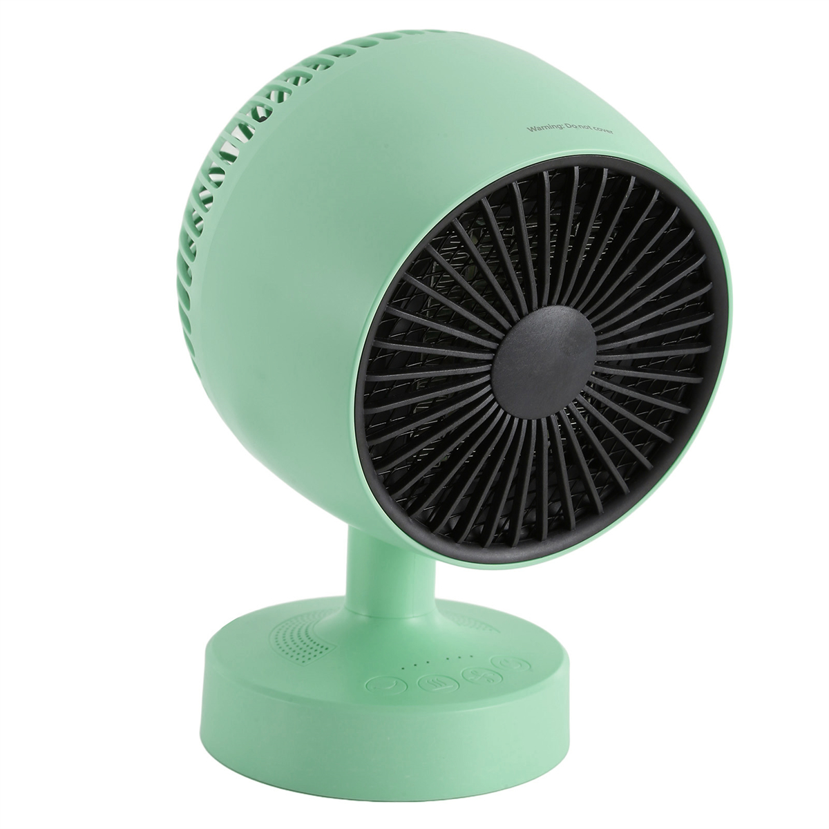 Ein mintgrüner Ventilator mit schwarzem Maschenvorderteil und abgerundetem Design. Er steht auf einem Sockel.