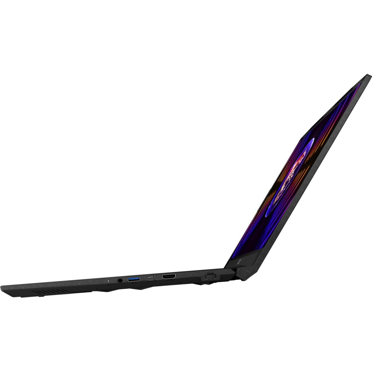 Ein schwarzer Laptop-Computer mit einem Bildschirm, der Farben zeigt. Der Laptop steht auf einer weißen Oberfläche.
