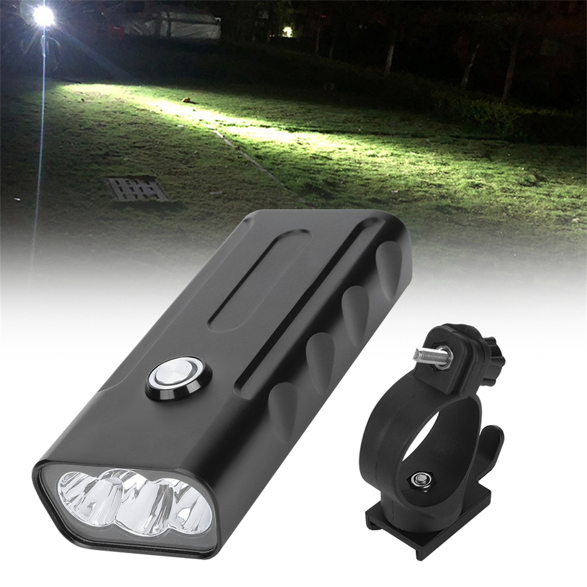 Ein schwarzes Fahrradlicht mit Halterung, das Licht in einem dunklen Bereich scheint.