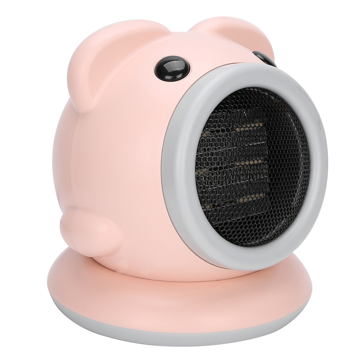 Ein rosafarbener, schweineförmiger Heizlüfter mit schwarzen Augen und einem grauen Gitter.