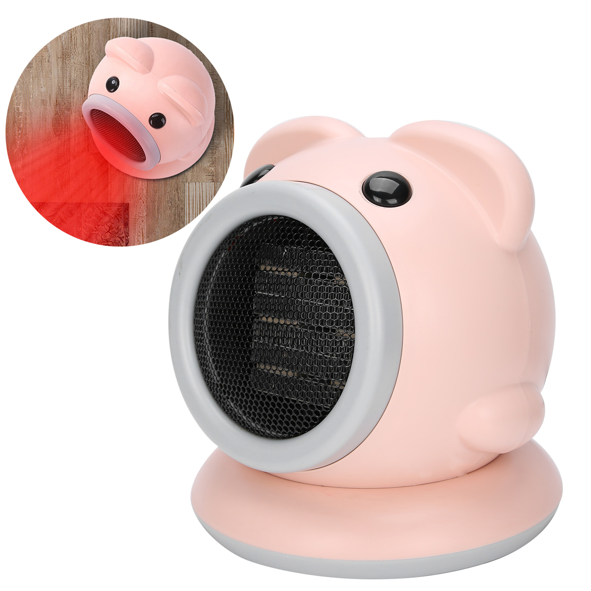 Rosa schweineförmiger Elektroheizer, mit rotem Licht. Weißer Hintergrund.