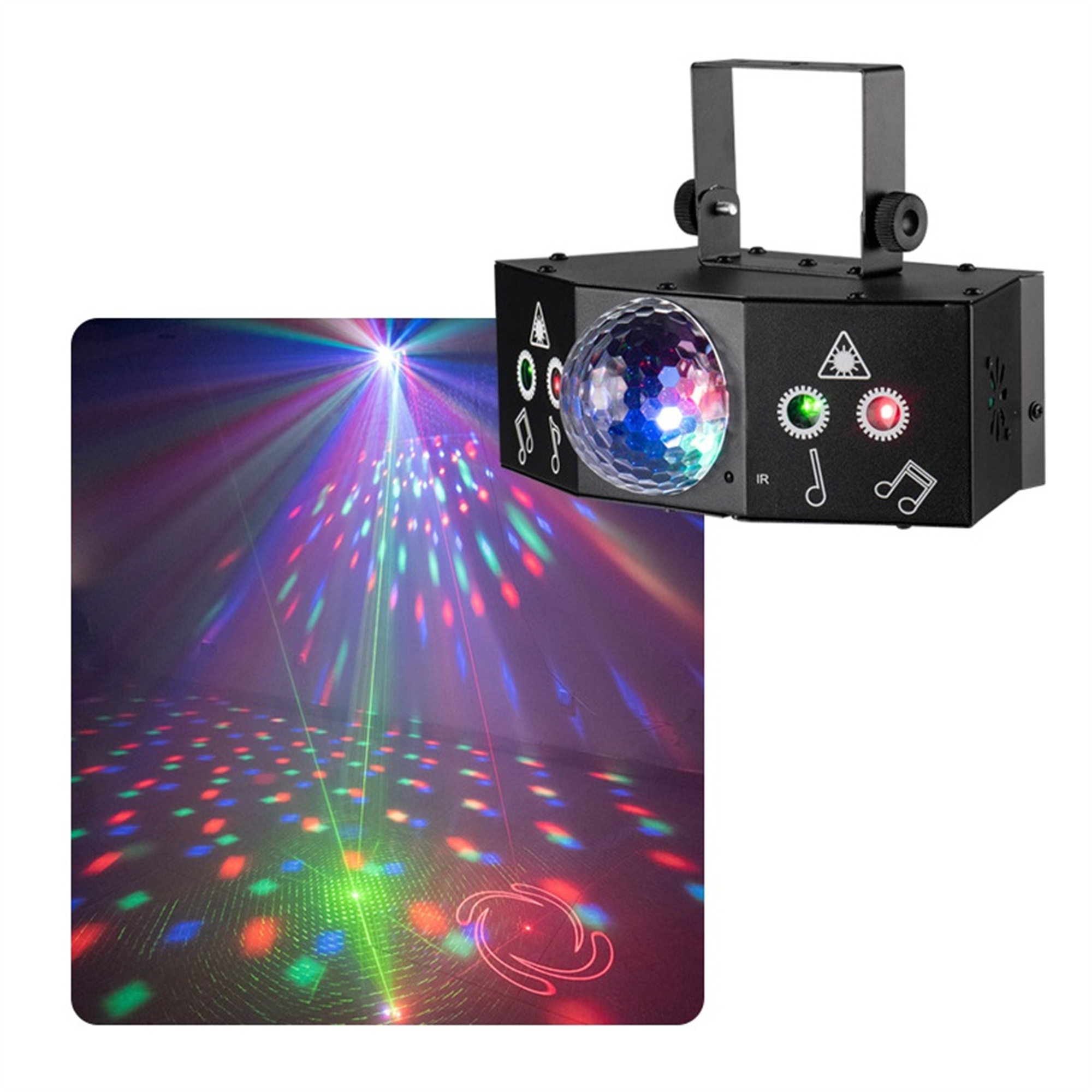Schwarzer Bühnenlichtprojektor mit einer Discokugel. Bunte Lichtstrahlen und Punkte werden projiziert.
