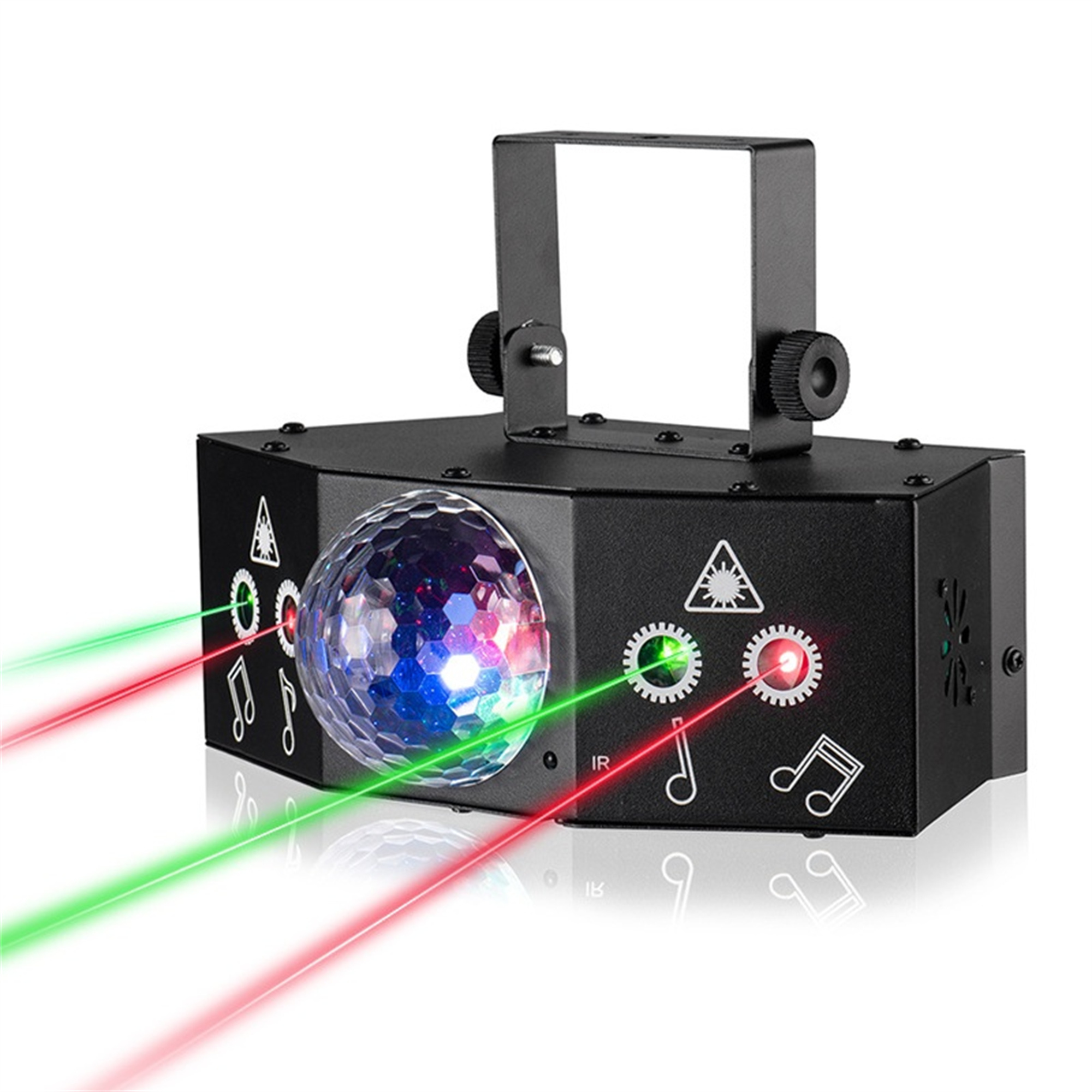 Schwarzes Diskolicht mit mehrfarbigen Strahlen. Es projiziert rote und grüne Laserstrahlen.