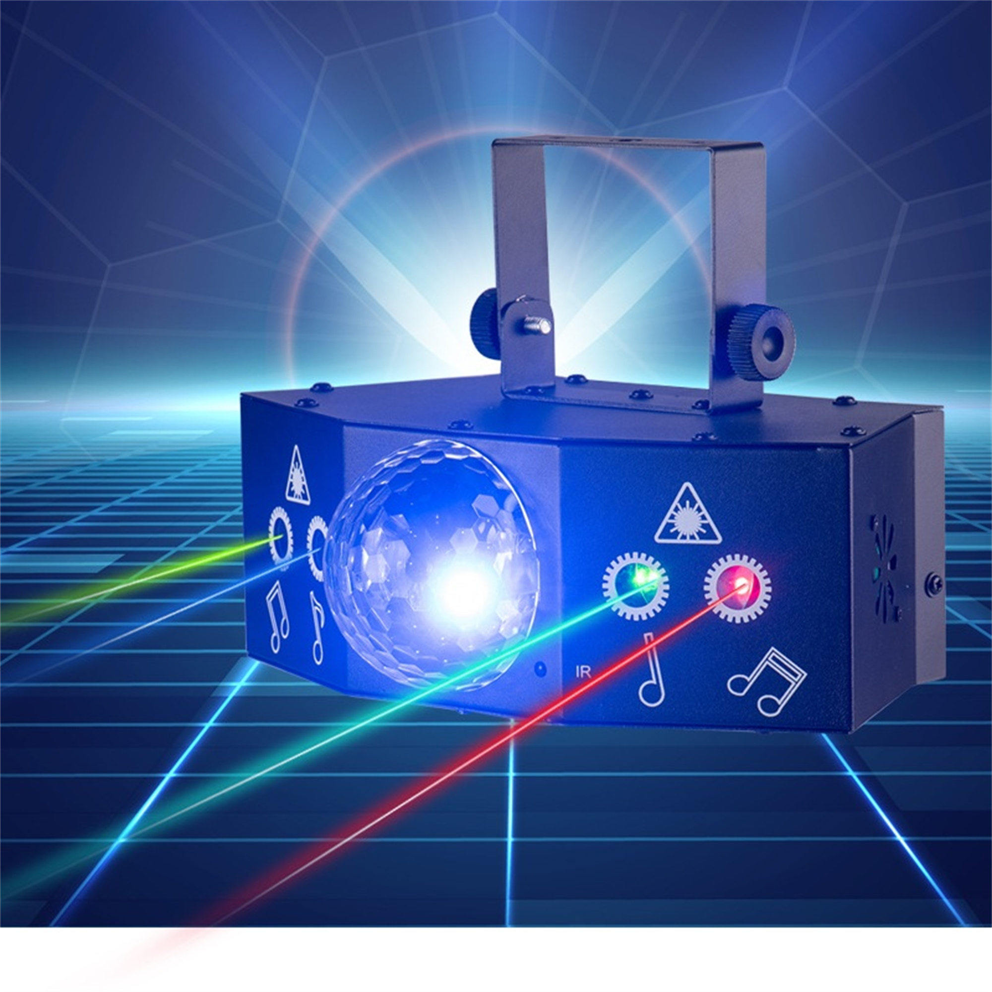 Ein blauer Laserlichtprojektor mit hellen Lichtstrahlen. Das Licht hat farbenfrohe Strahlen.