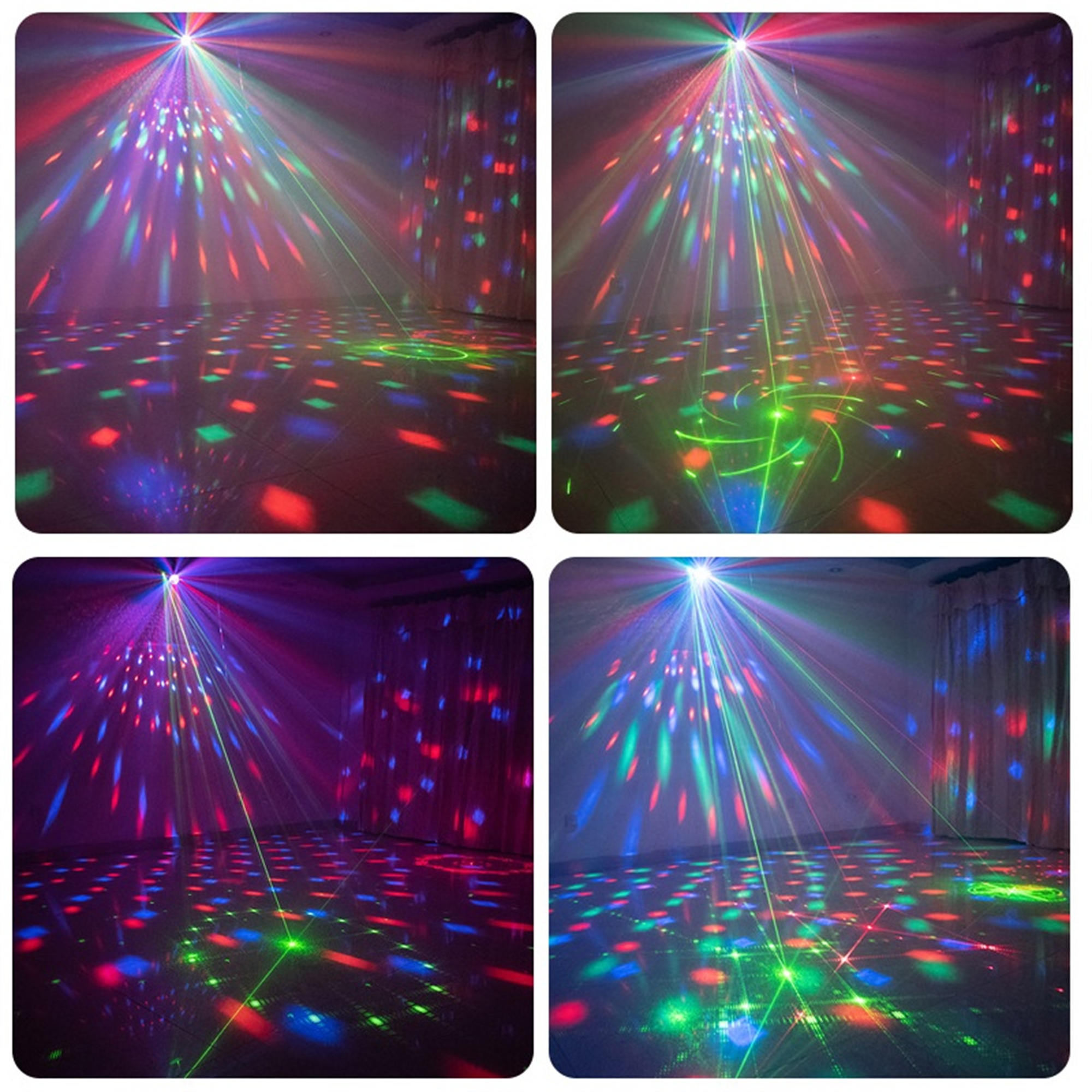 Vier Bilder einer farbenfrohen Lichtshow, die einen Raum beleuchtet.