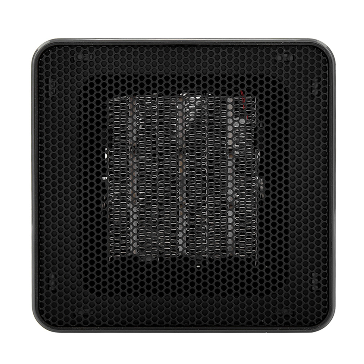 Eine schwarze elektrische Heizung mit einem Gitter vorne. Die Front hat eine quadratische Form.