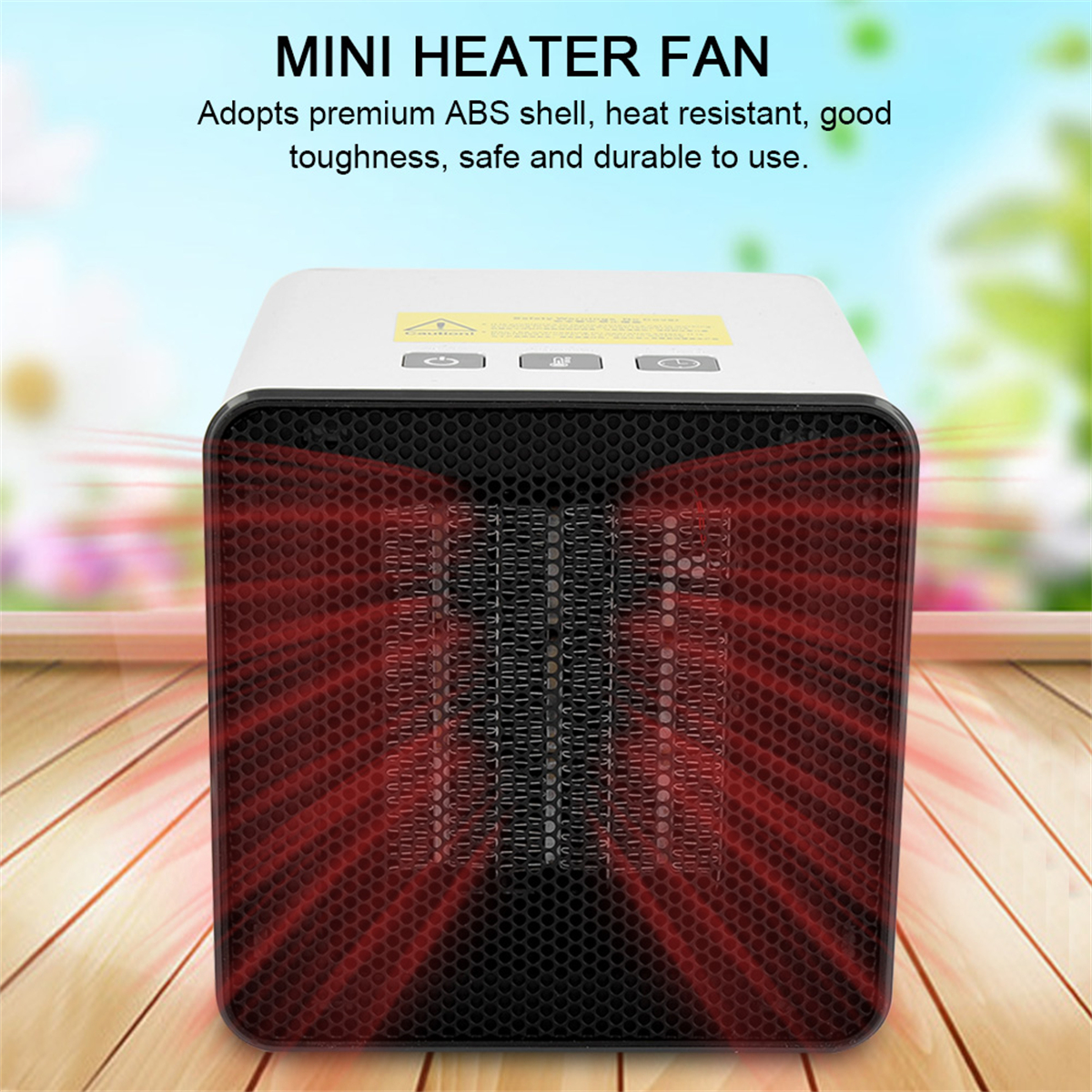 Ein weißer und schwarzer Mini-Heizlüfter mit rotem Grill.