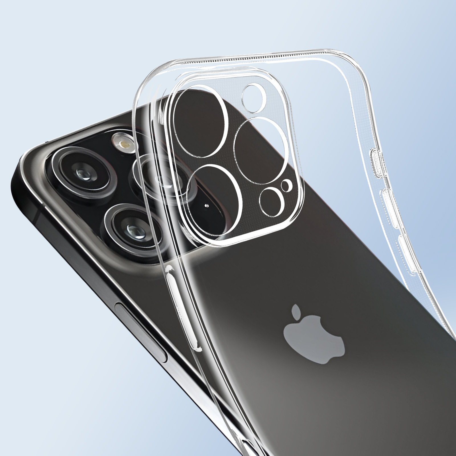Una custodia trasparente per telefono su un telefono nero, che mostra gli obiettivi della fotocamera.