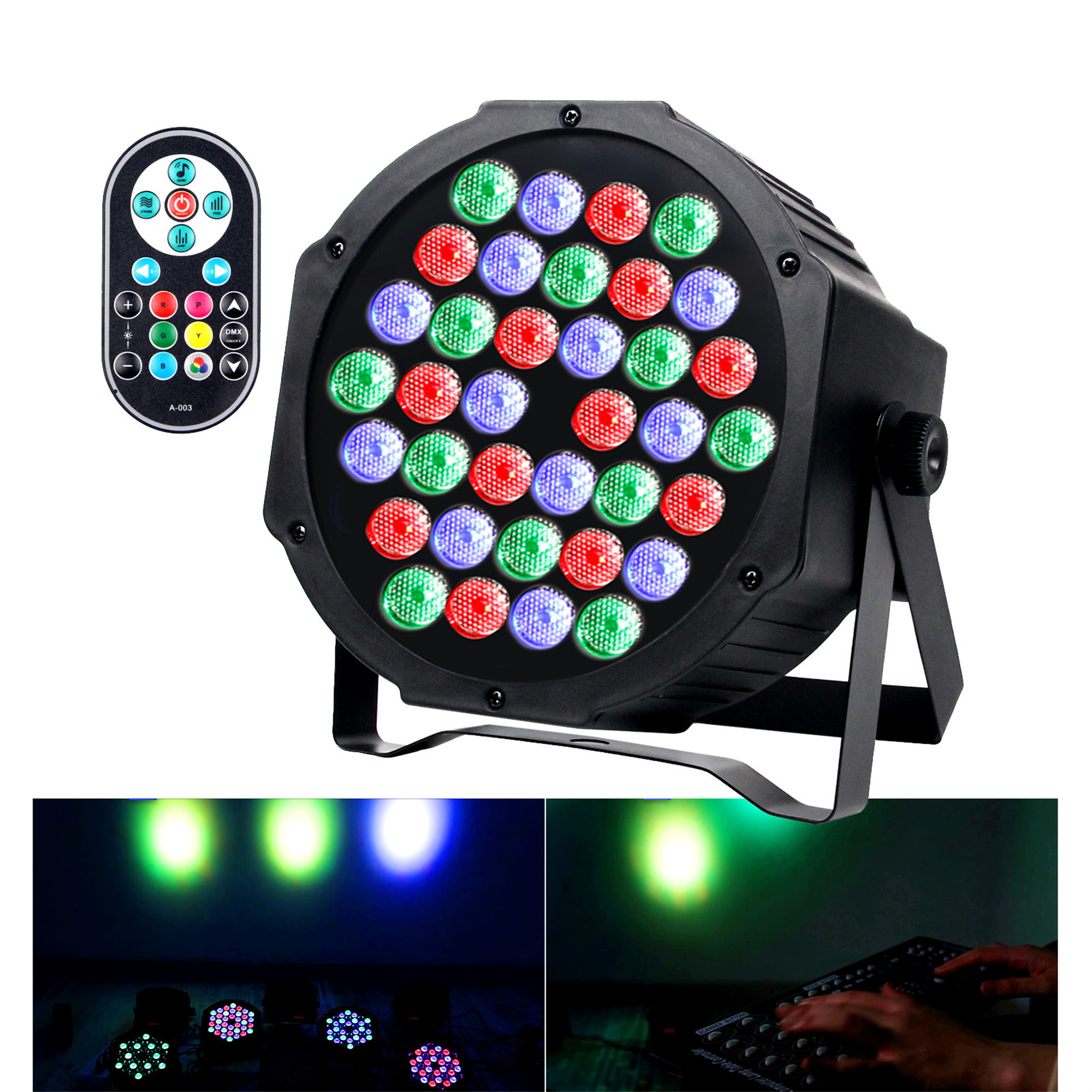 Schwarzes Bühnenlicht mit mehreren farbigen Lichtern und Fernbedienung.