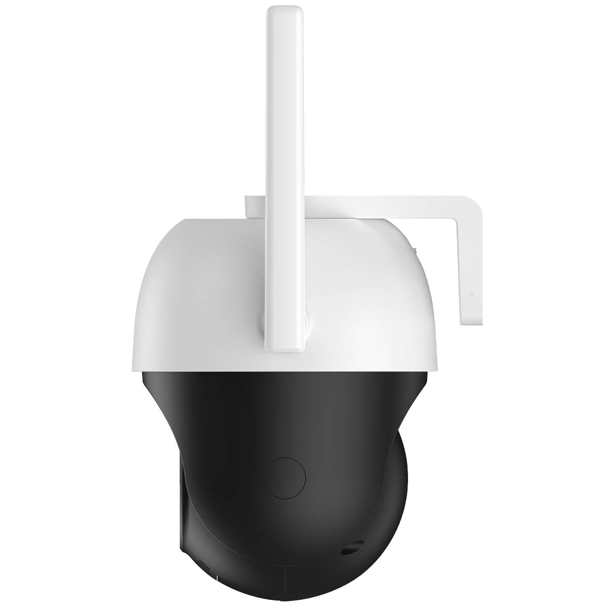 Eine weiß-schwarze Überwachungskamera mit weißer Antenne oben.