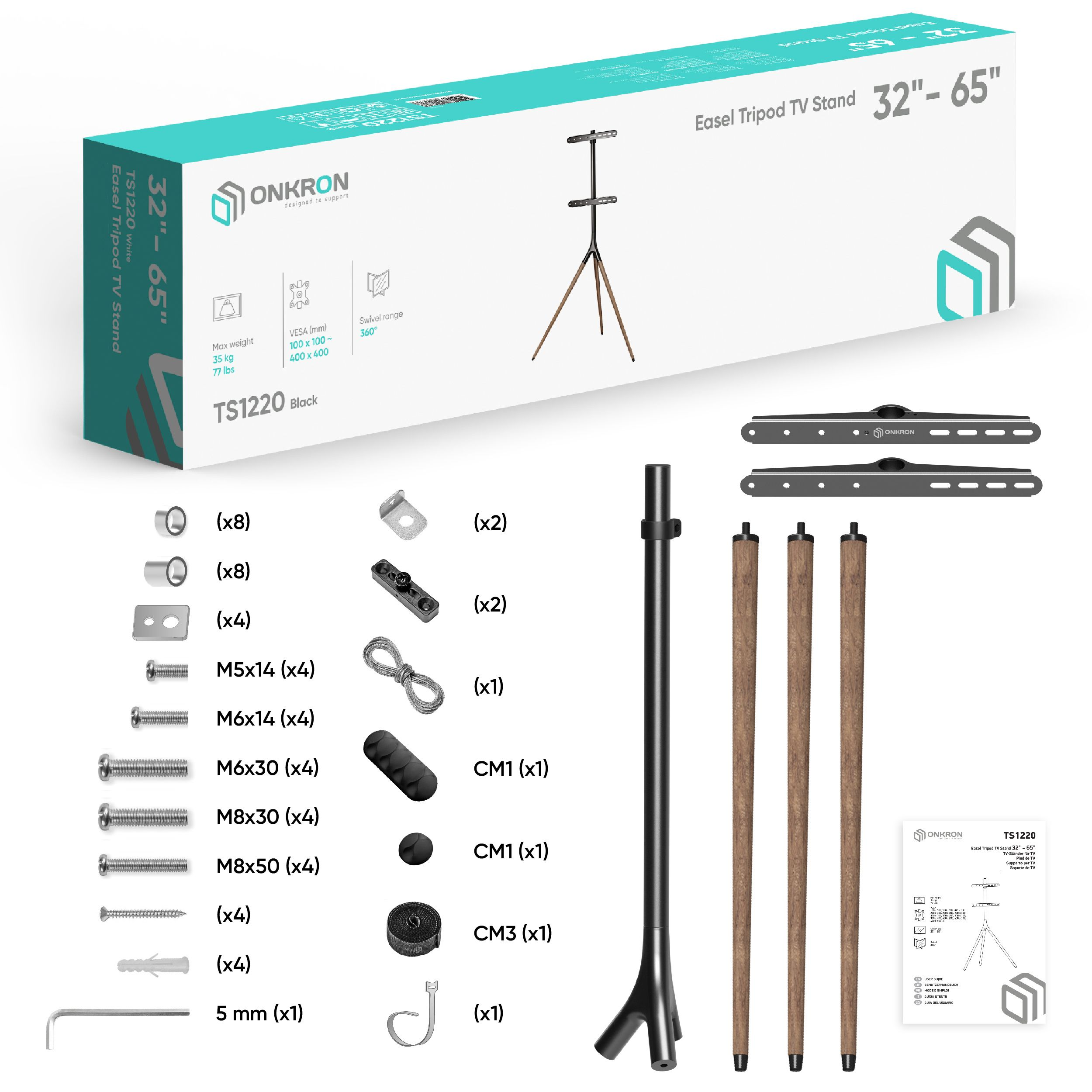 Sztalugowy statyw do telewizora z akcesoriami. Pudełko z tekstem o stojaku.