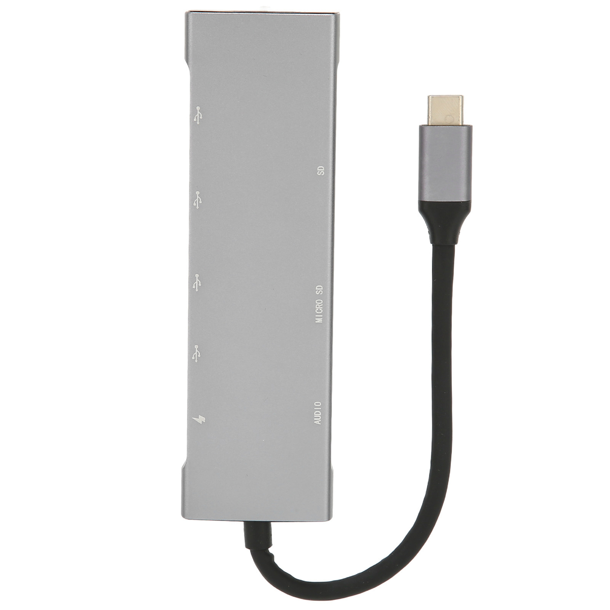 Ein silberner USB-C-Hub mit verschiedenen Anschlüssen. Es hat mehrere USB-, SD- und Micro-SD-Anschlüsse. Schwarzes Kabel befestigt.