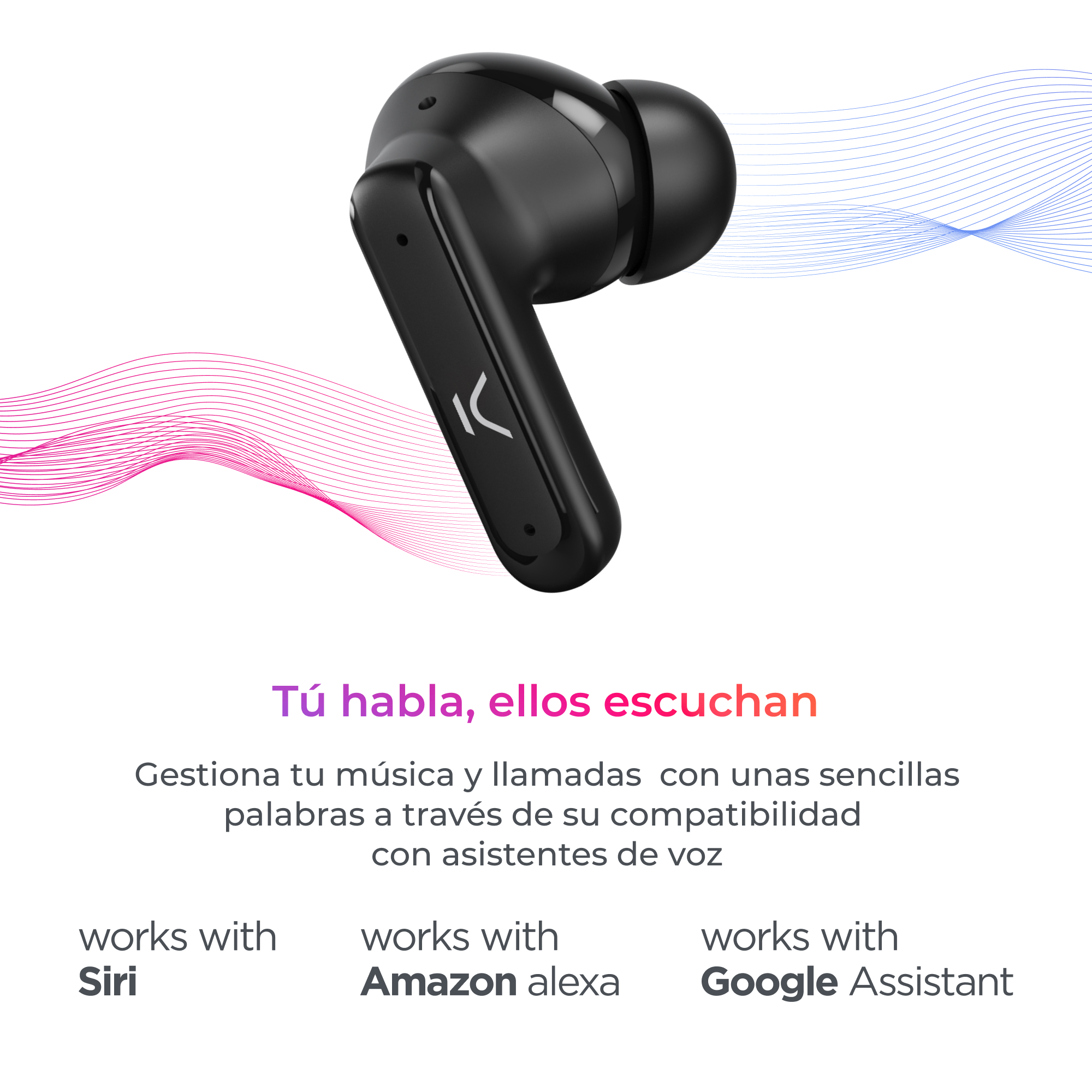 Schwarze kabellose Ohrhörer mit Text, der Siri, Alexa und Google Assistant-Kompatibilität anzeigt.