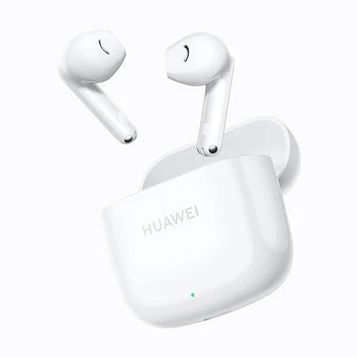 Auricolari wireless bianchi e custodia di ricarica con il marchio 'HUAWEI'.