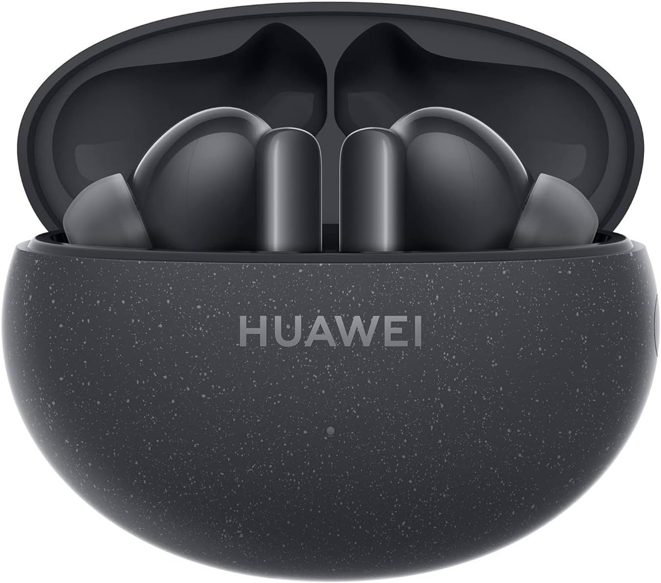 Auricolari Huawei neri in custodia di ricarica con marchio.