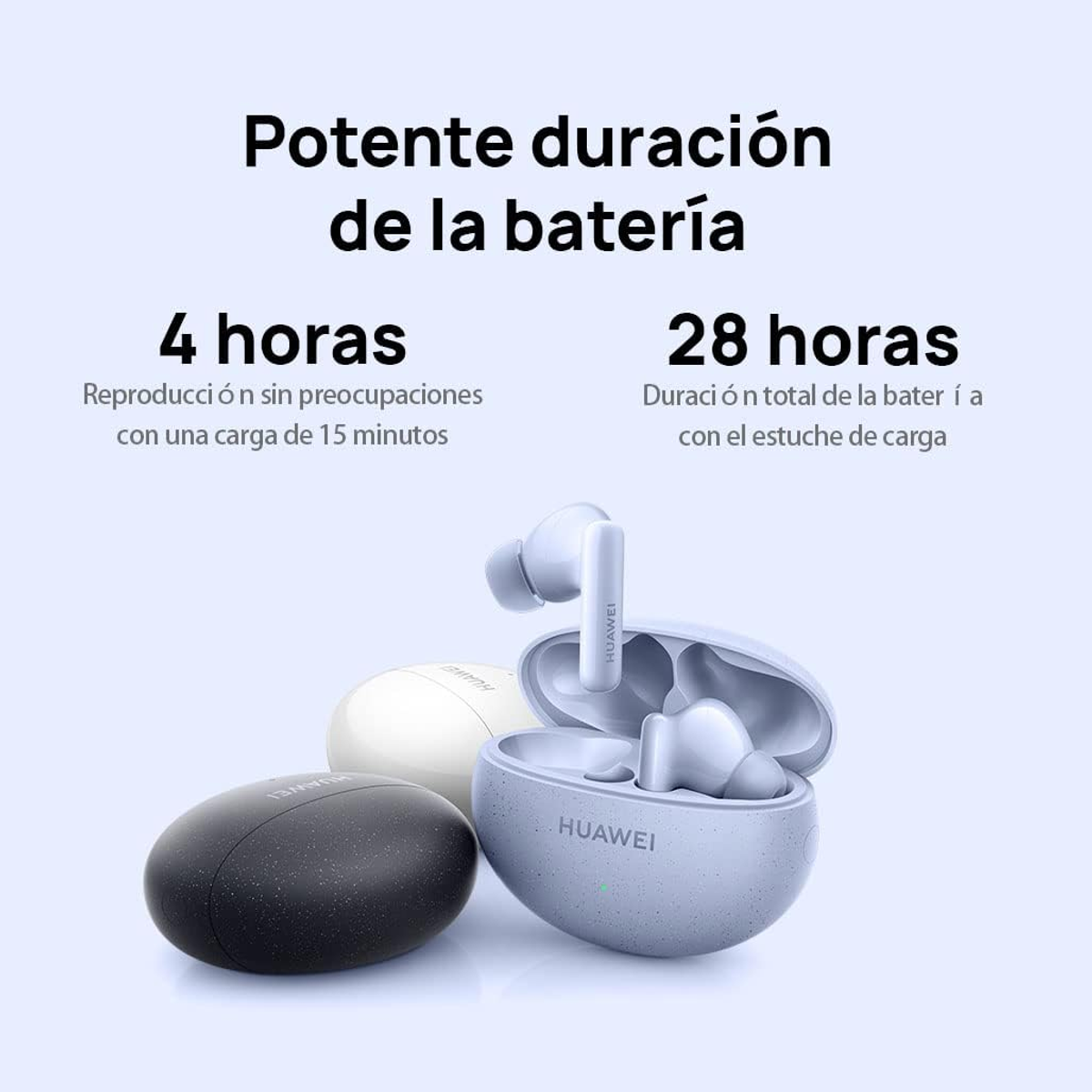 Trzy słuchawki, jedna czarna i dwie białe, w etui ładującym. Tekst na pudełku mówi HUAWEI.