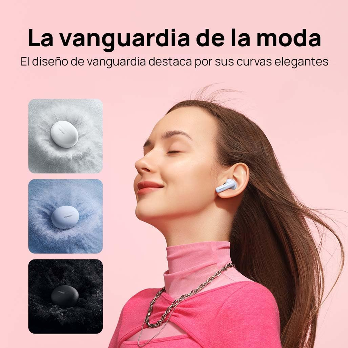 Kobieta z słuchawkami uśmiecha się. Trzy zestawy słuchawek w tle, jeden biały, niebieski i czarny.