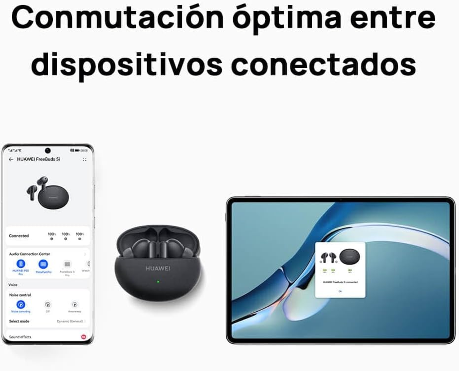 Telefon i tablet wyświetlają interfejs Huawei FreeBuds Si, pokazując status połączenia.