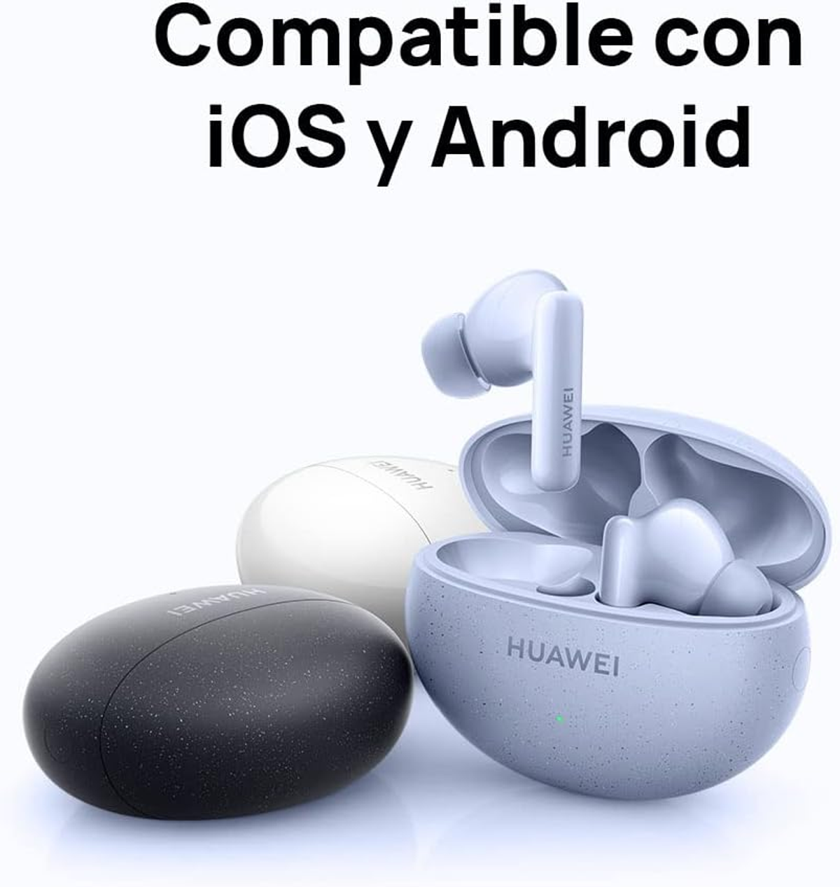 Trzy etui na słuchawki, niebieskie, białe i czarne, z logo Huawei. Powyższy tekst mówi: Kompatybilny z iOS i Androidem.