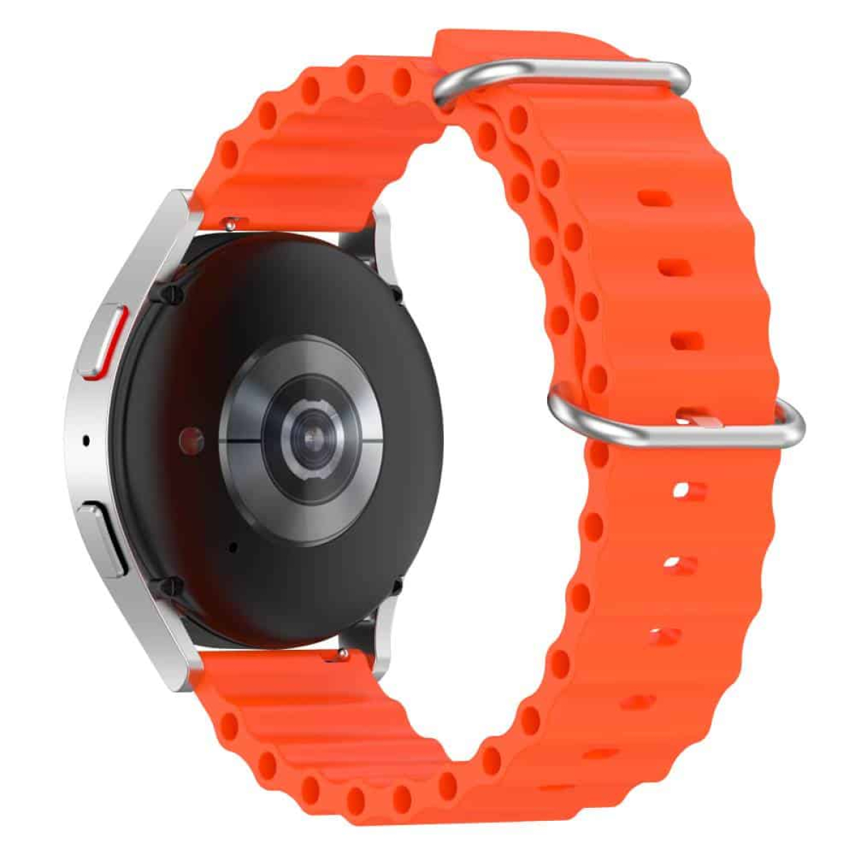 Orange Smartwatch mit passendem orangefarbenen Armband, mit silberfarbenem Gehäuse.