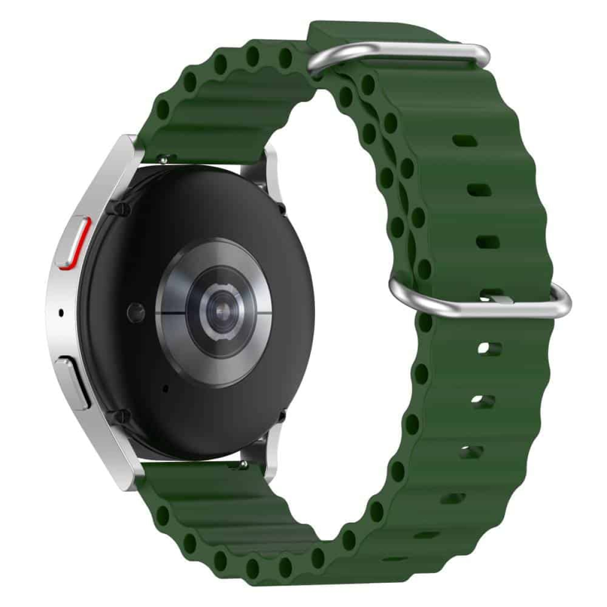 Nahaufnahme einer Uhr mit grünem Armband. Die Rückseite der Uhr ist sichtbar, mit einem silbernen Rahmen.