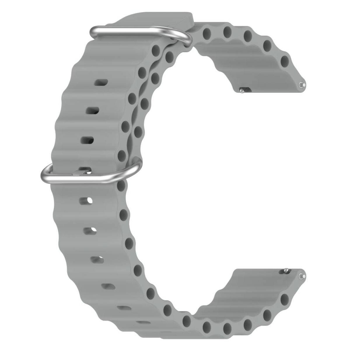Graues Uhrenarmband mit Wellendesign und Metallschnallen. Das Armband ist gebogen und hat viele Löcher.