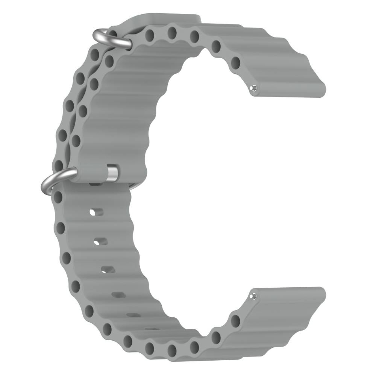 Graues, geriffeltes Uhrenarmband. Es ist gebogen, mit Löchern und Metallverschlüssen zur Befestigung.