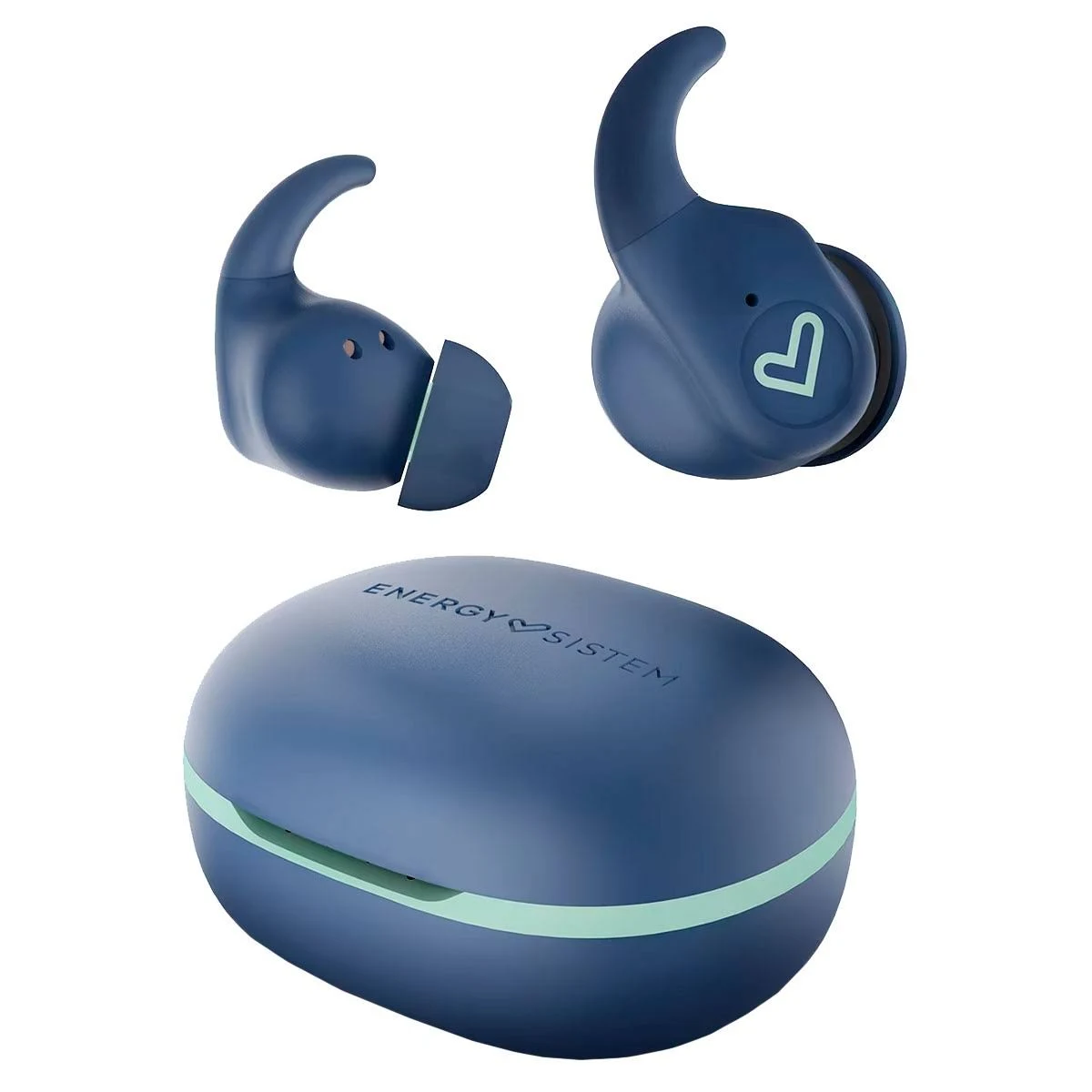 Auricolari wireless blu e custodia di ricarica. Gli auricolari hanno la forma di ganci per l'orecchio.