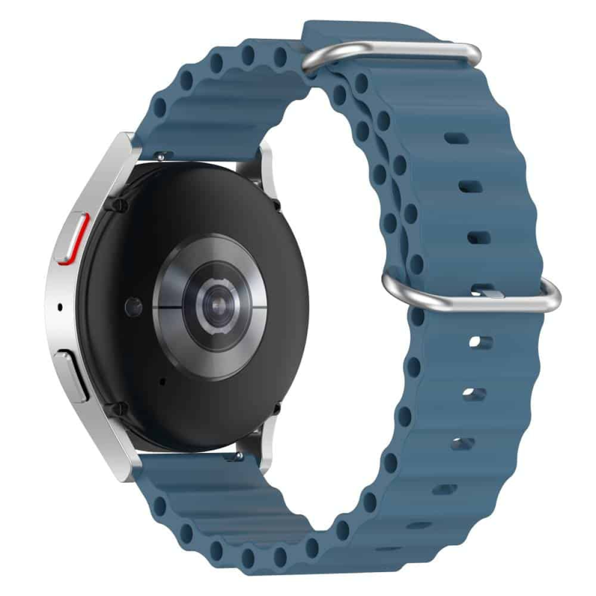 Smartwatch mit blauem Armband. Die Uhr ist silberfarben, das Armband hat strukturierte Details. Die Uhr ist abgewinkelt.