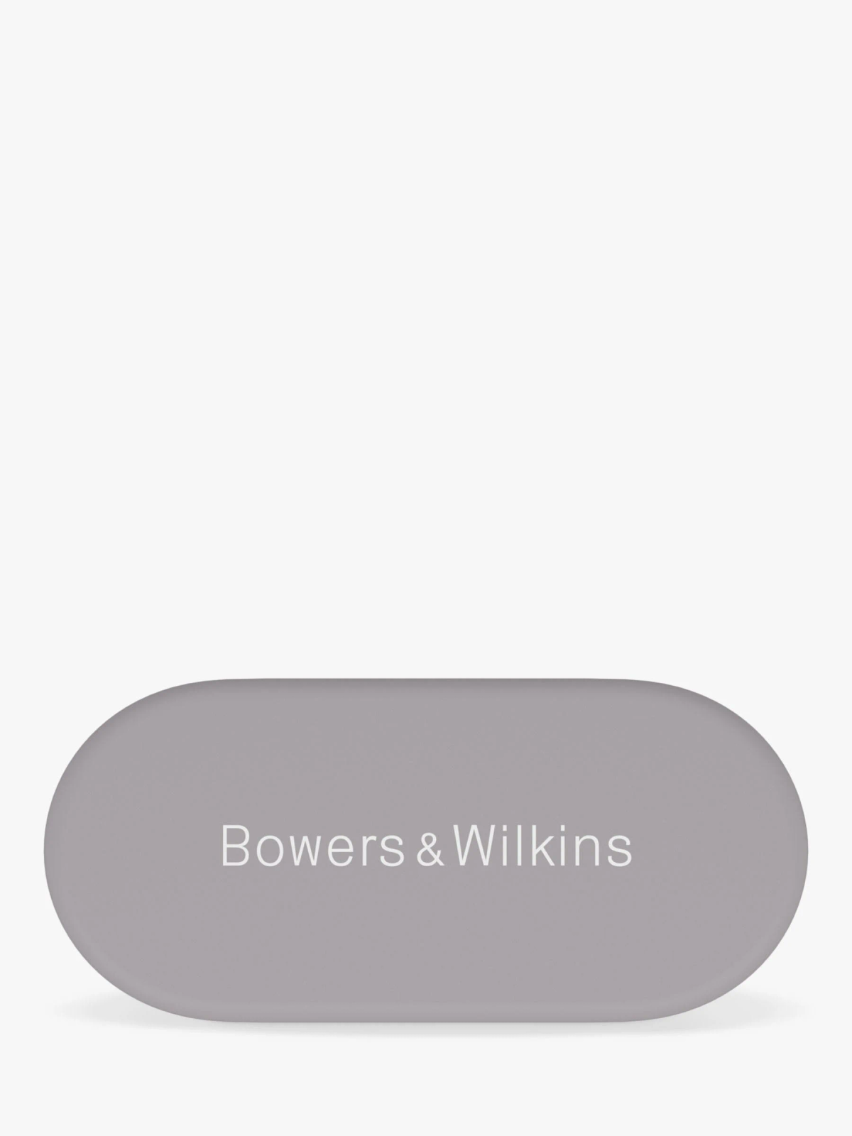 Una custodia Bowers & Wilkins grigio chiaro con il nome del marchio in testo bianco.
