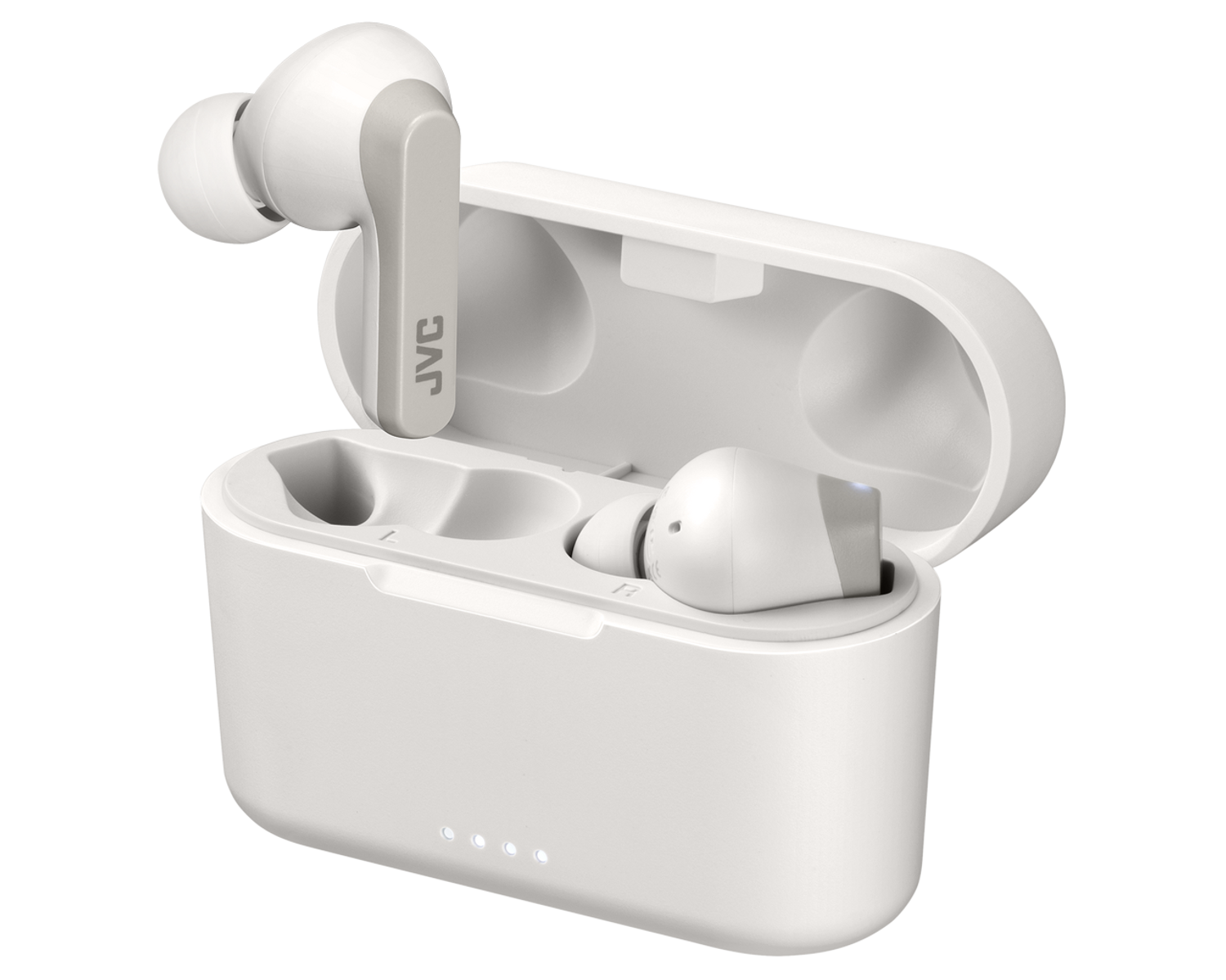 Białe słuchawki JVC w białym etui ładującym. Etui jest otwarte, widać słuchawki. Tło jest czarne.