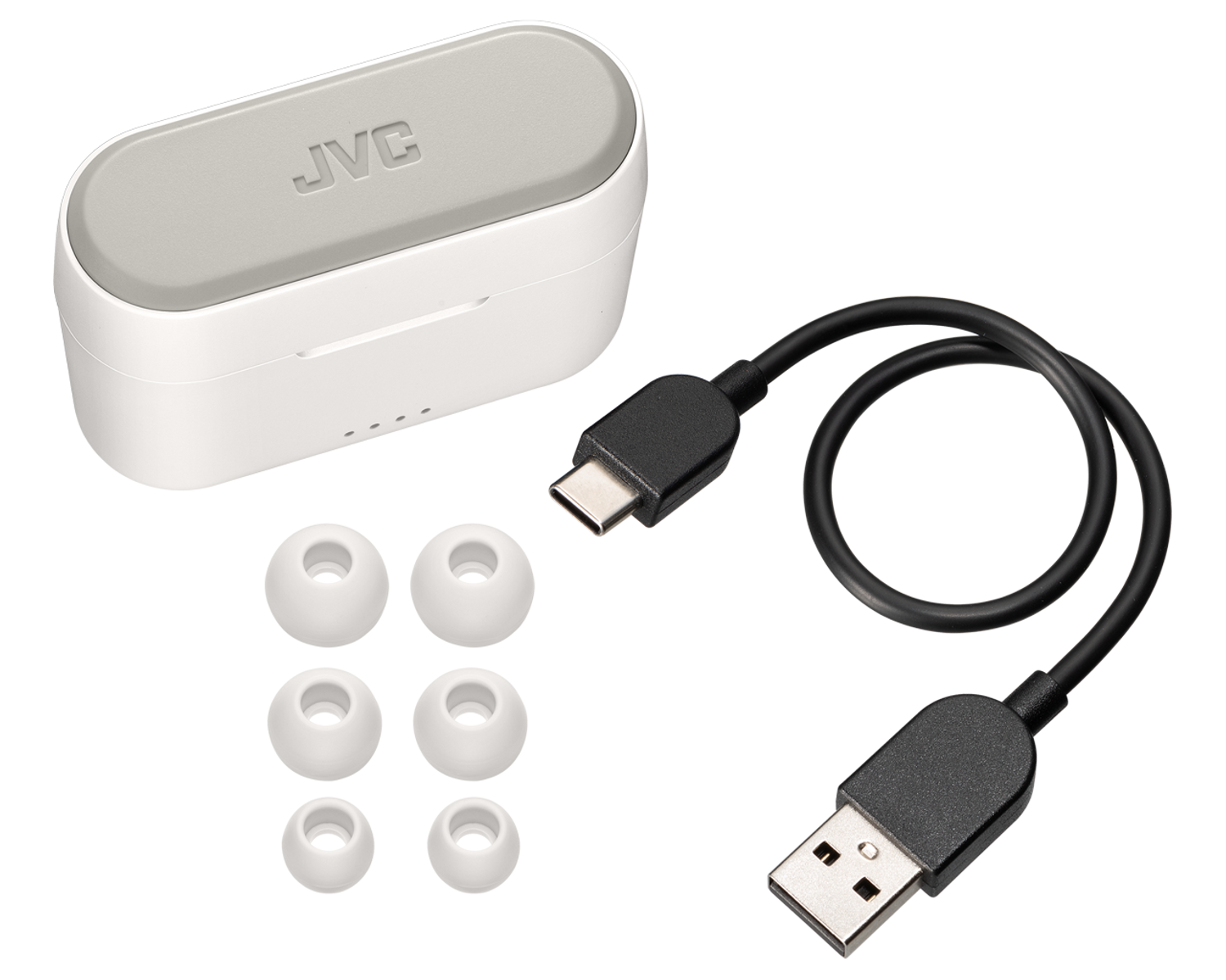 Białe etui ładujące, wkładki douszne i kabel USB na czarnym tle.