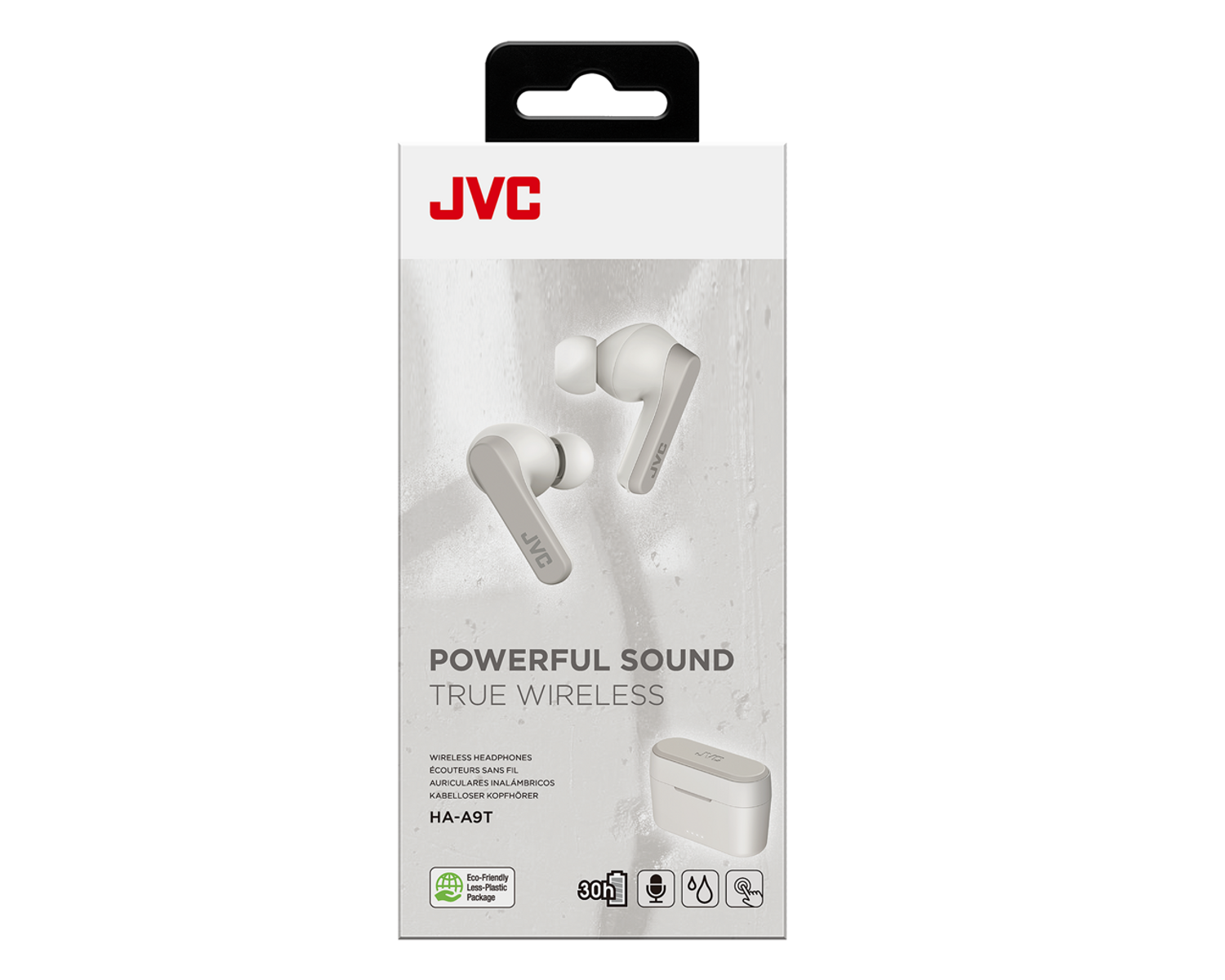 Białe słuchawki JVC w pudełku. Pudełko ma logo JVC i szczegóły produktu.