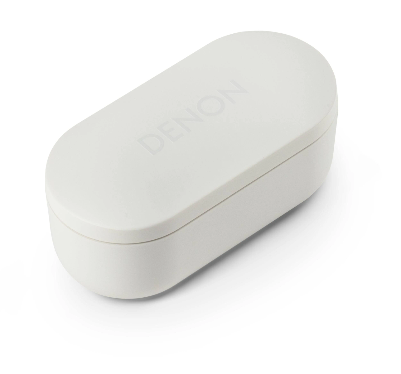 Una custodia bianca, di forma ovale, con il logo DENON, su sfondo bianco.
