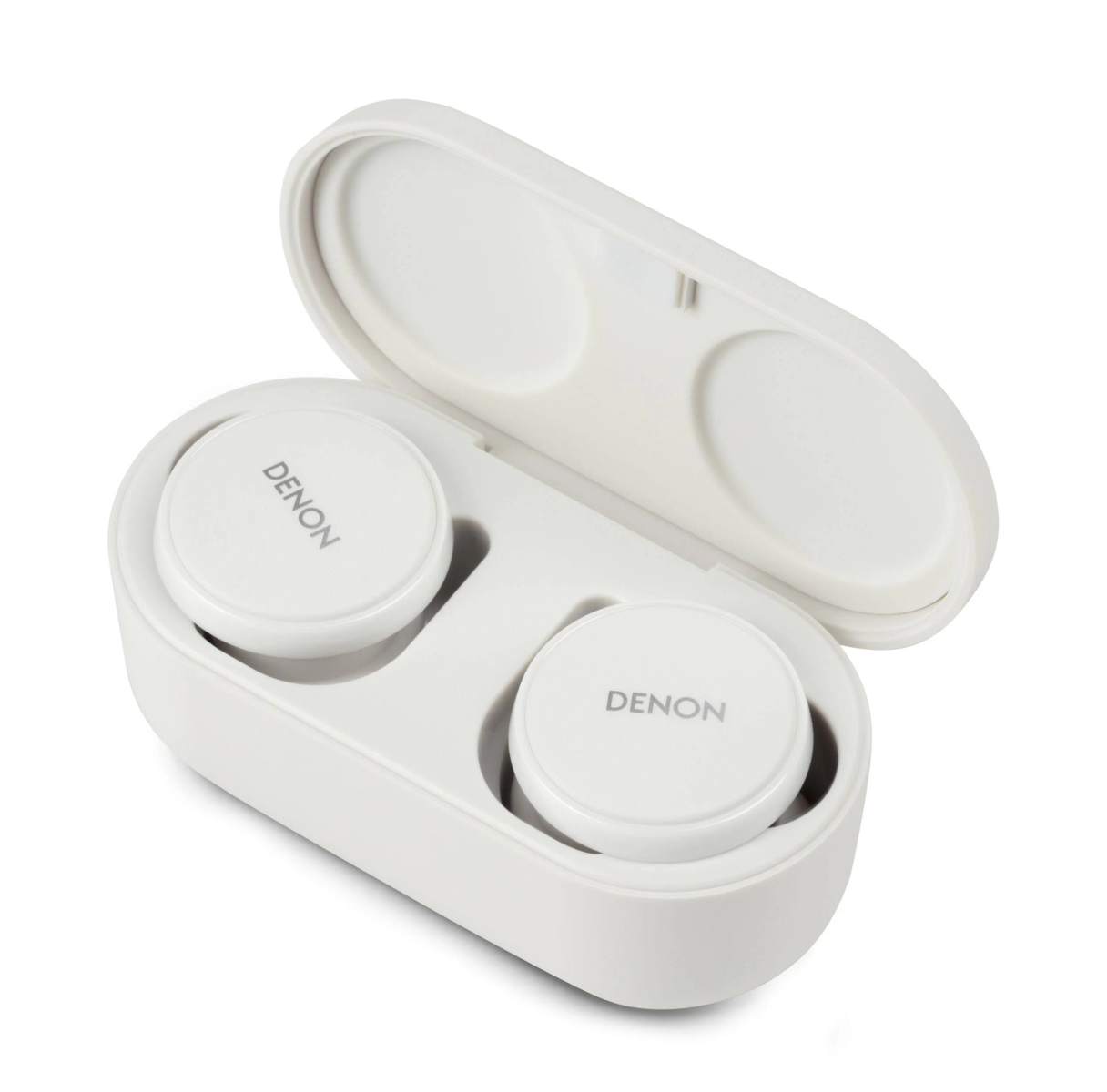 Auricolari bianchi con logo "DENON" in custodia bianca aperta su sfondo bianco.