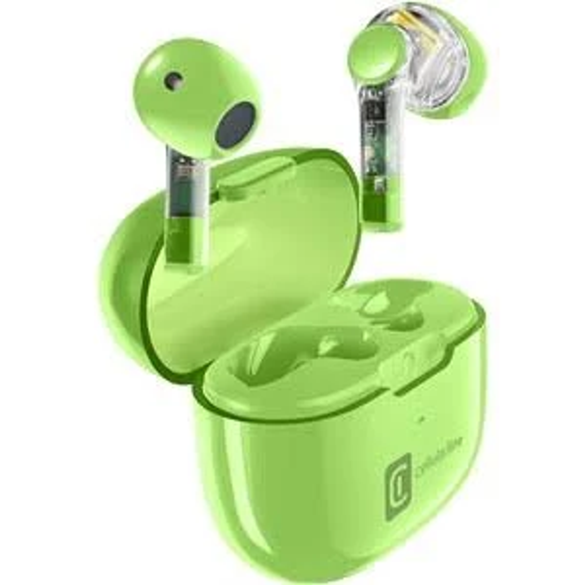 Auricolari wireless verdi in una custodia di ricarica verde, aperti.