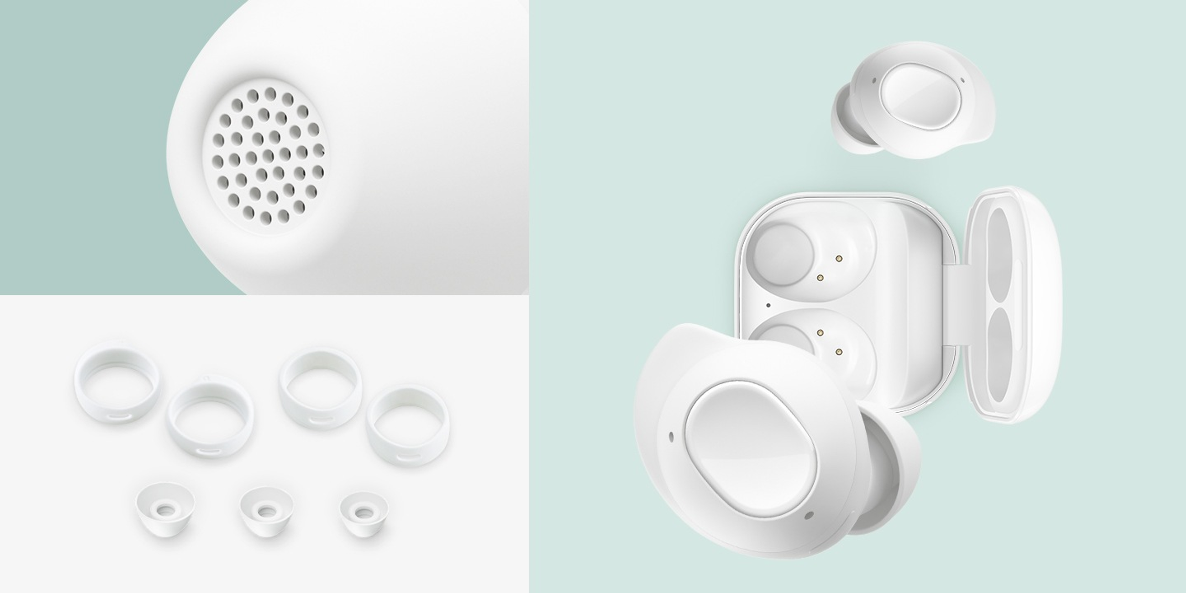Un set di auricolari wireless bianchi. Include auricolari, custodia di ricarica e auricolari extra.