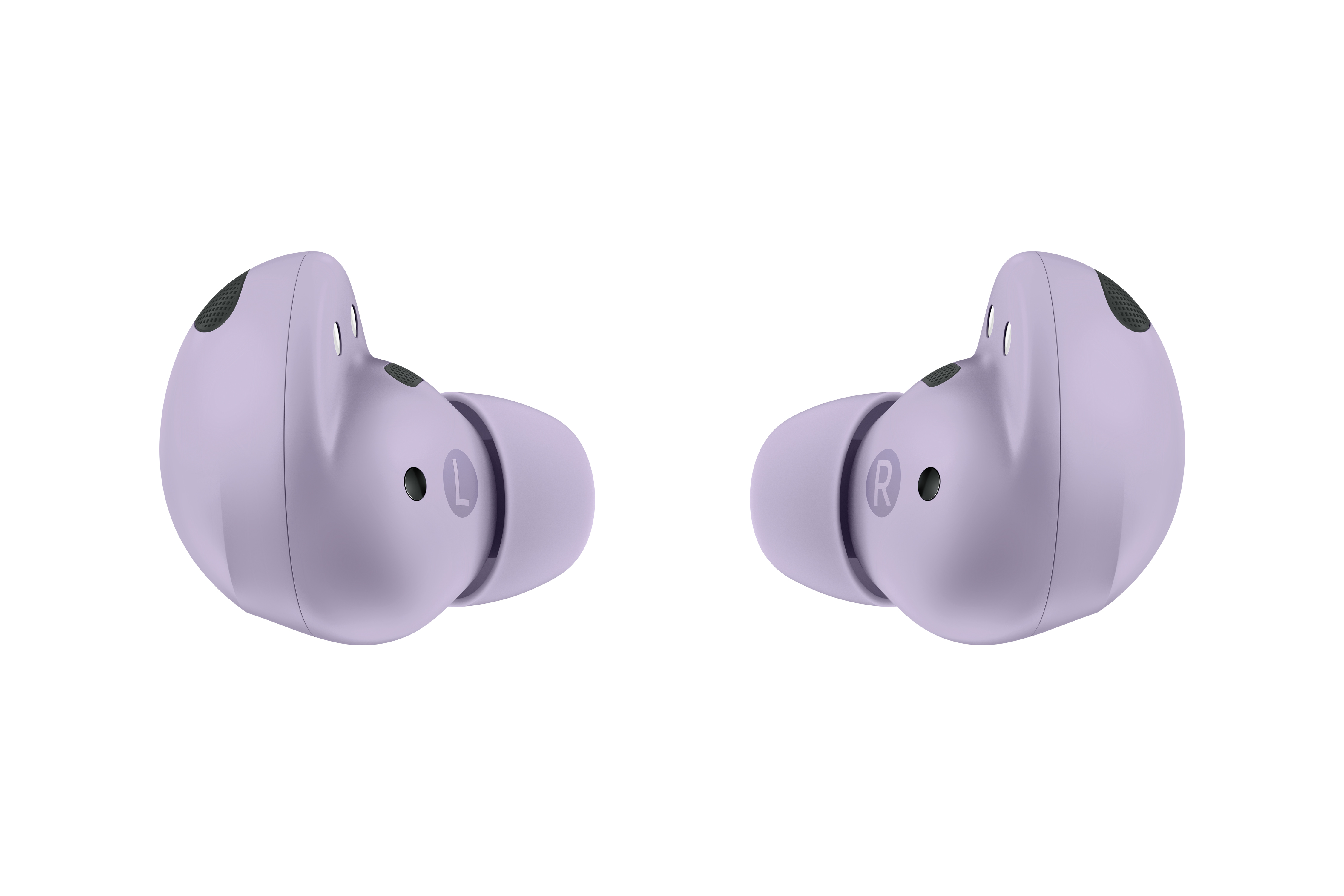 Dwa fioletowe bezprzewodowe słuchawki obok siebie na białym tle.