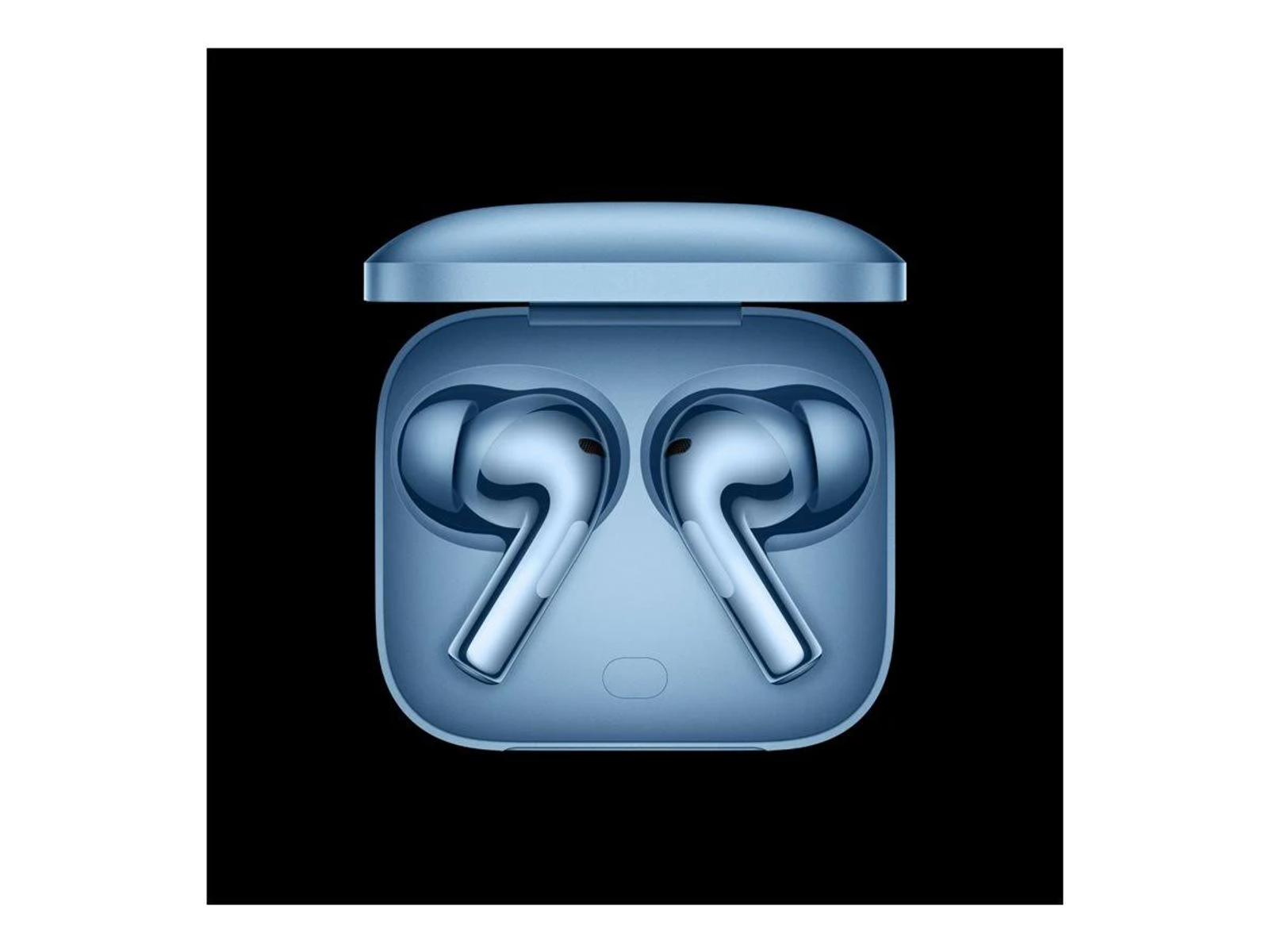 Para jasno niebieskich słuchawek w pasującym etui. Czarne tło.