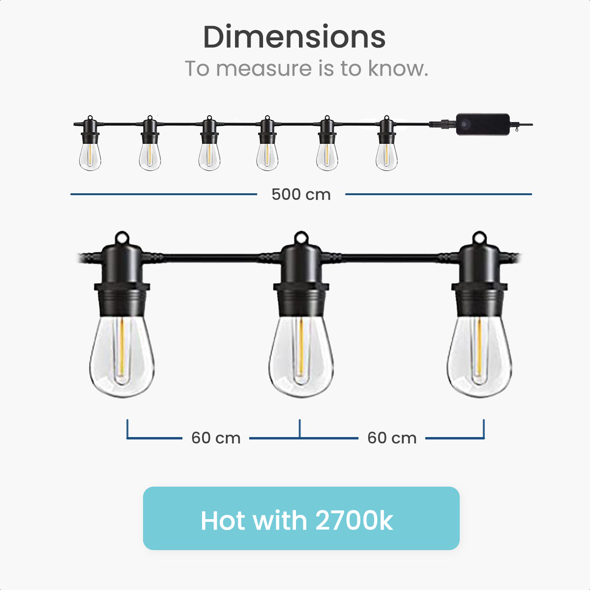 String lights with clear bulbs. The image shows dimensions and the text 'Hot with 2700k'.