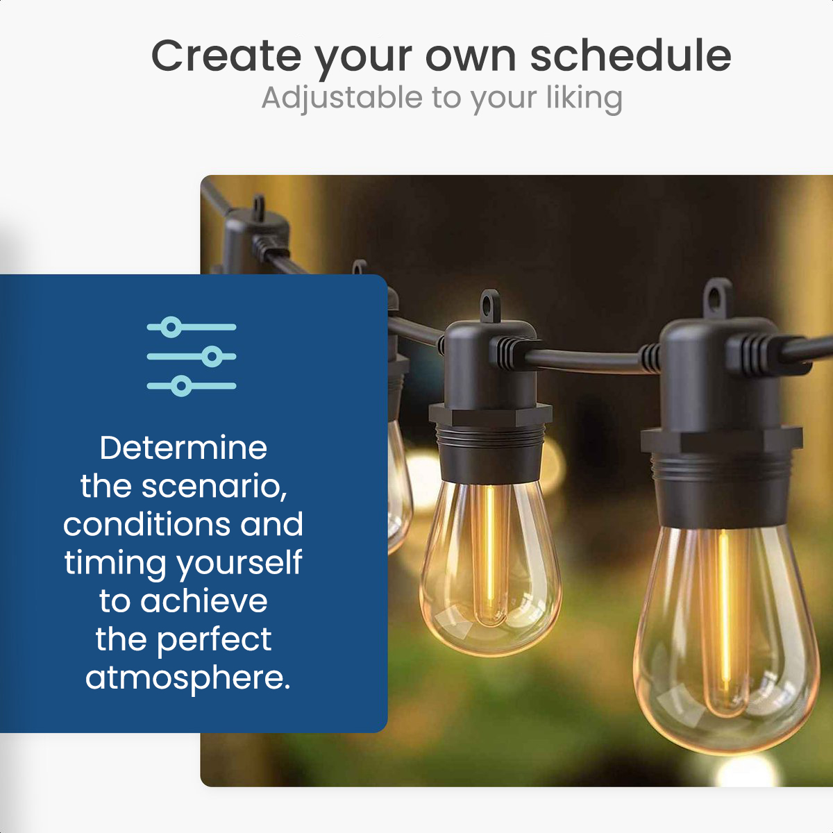 String lights with glowing bulbs and a blue box with text.