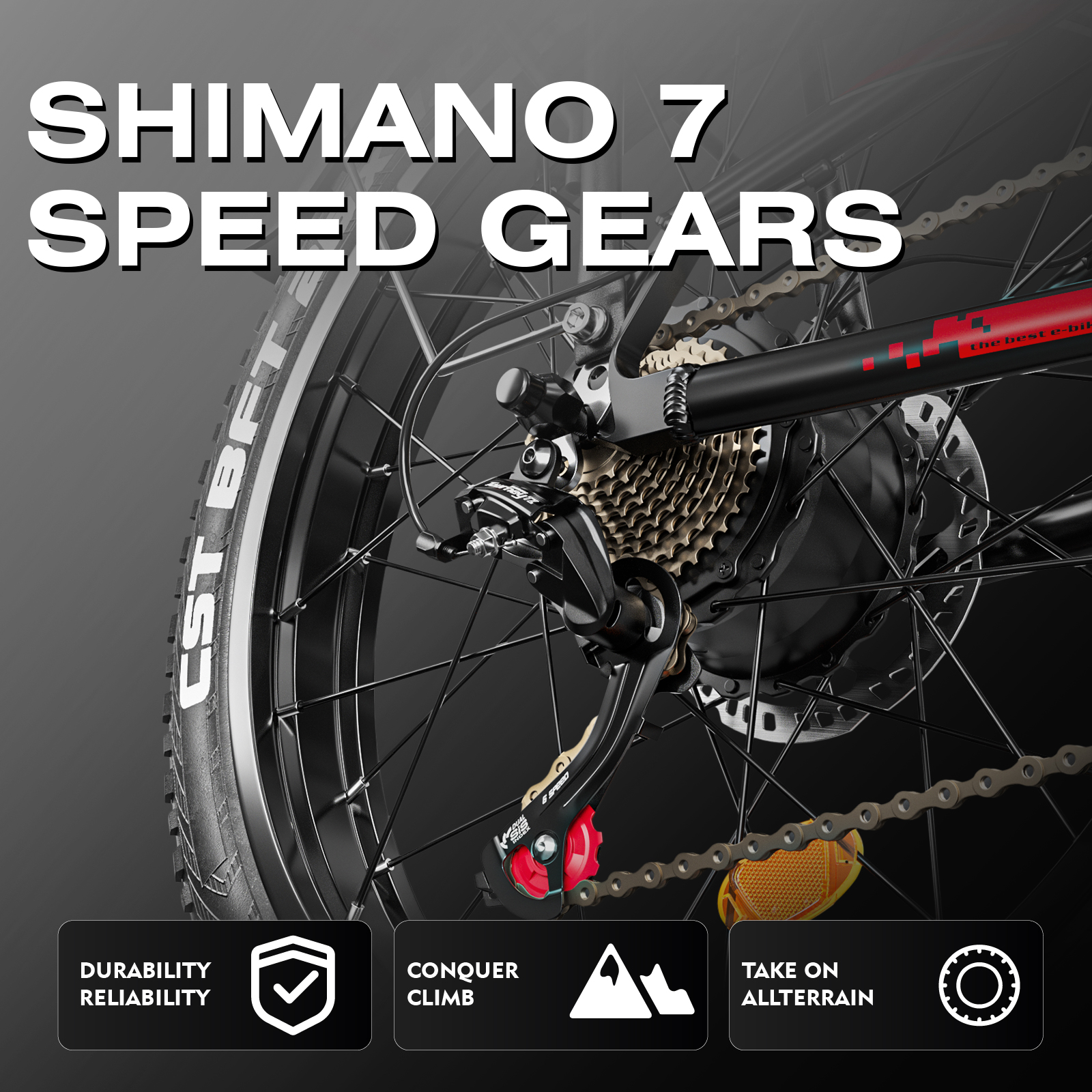 Zbliżenie koła roweru z przerzutkami, łańcuchami i tekstem o przerzutkach i użytkowaniu terenowym.